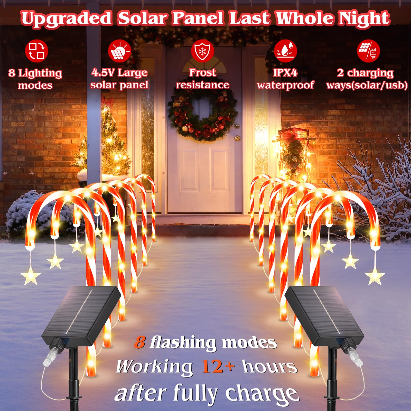 Sunlumi 19.3In Christmas Solar Candy Cane Lights, 10 Pcs Pathway Light With Star 8 Flashing Modes, Outdoor Christmas Decorations For Outside Path, Walkway, Driveway, Sidewalk, Porch, Yard, Garden