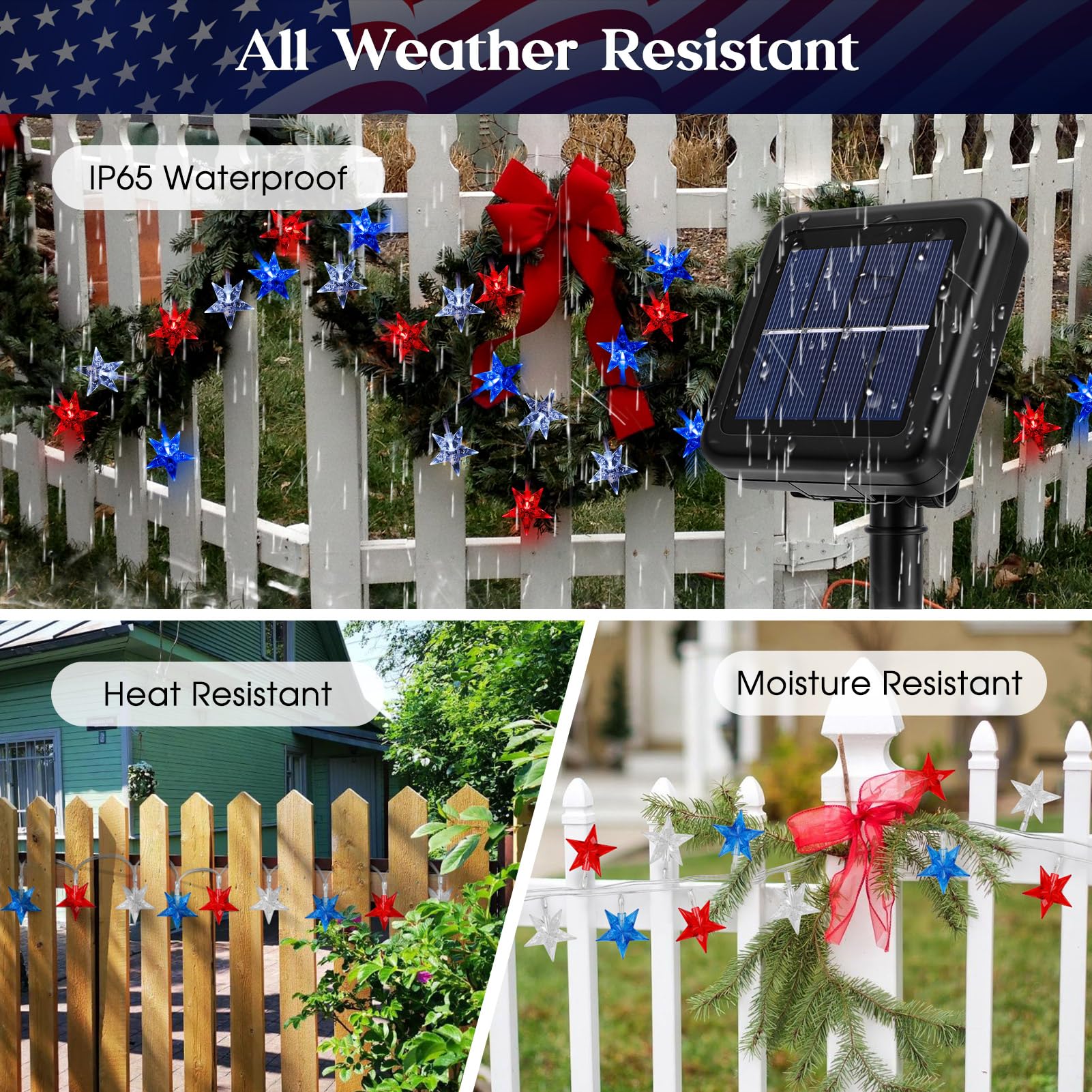 Reyeeinc Solar 4Th Of July String Lights, 100 Stars And 39.4Ft Outdoor Waterproof Red White And Blue Lights, Solar Battery Operated Fourth Of July Patriotic Lights For Golf Cart, Camping, Outside Decorations
