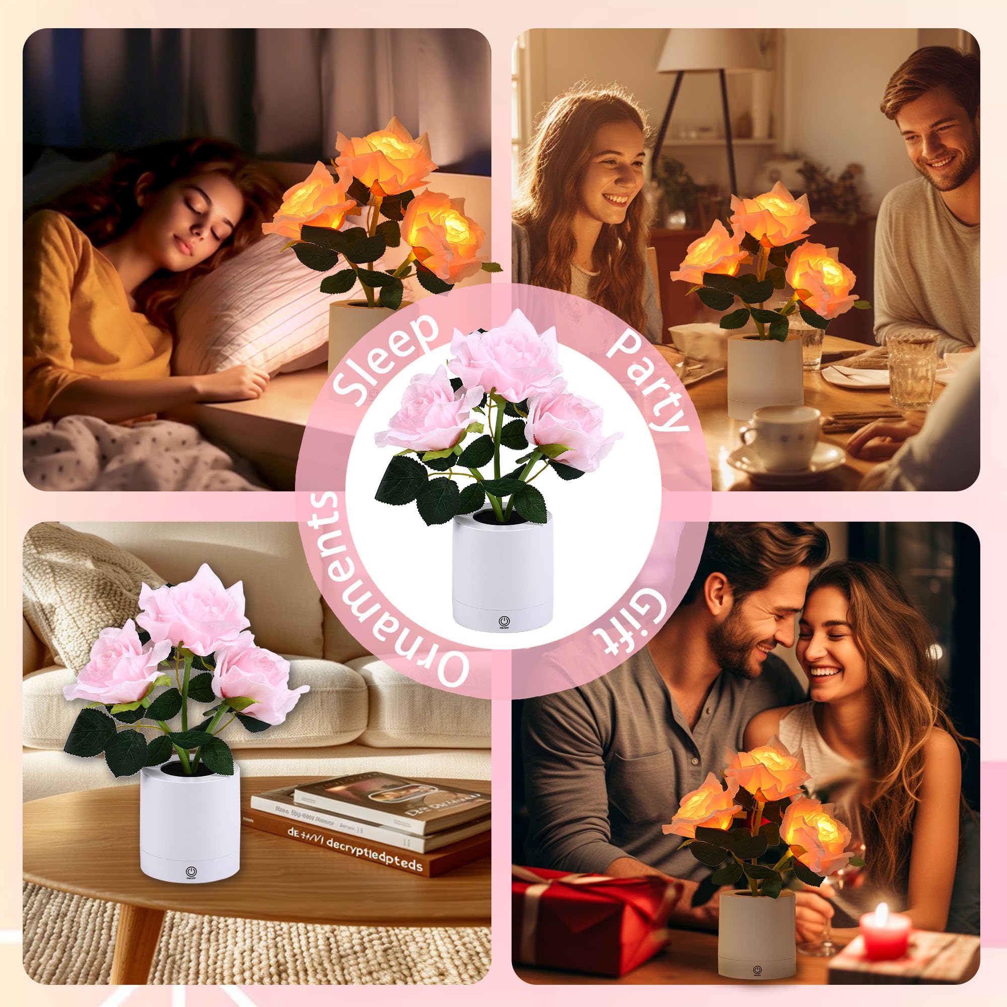 Wsyear Mothers Day Rose Flower Lamp, Led Artificial Flowers For Her Wife Girlfriend Small Table Lamp Night Light, Cordless Touch Lamp For Home Decor
