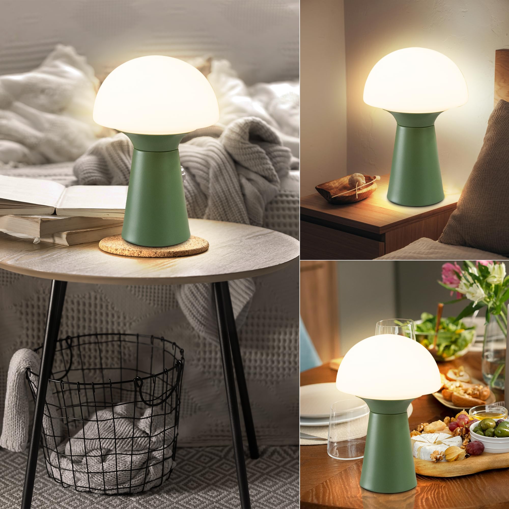 Lusharbor Mushroom Table Lamp, Battery Operated Lamp With Timer Small Portable Lamp Cordless Battery Powered Bedside Lamp Wireless Table Light For Bedroom Camping Kitchen (Green)
