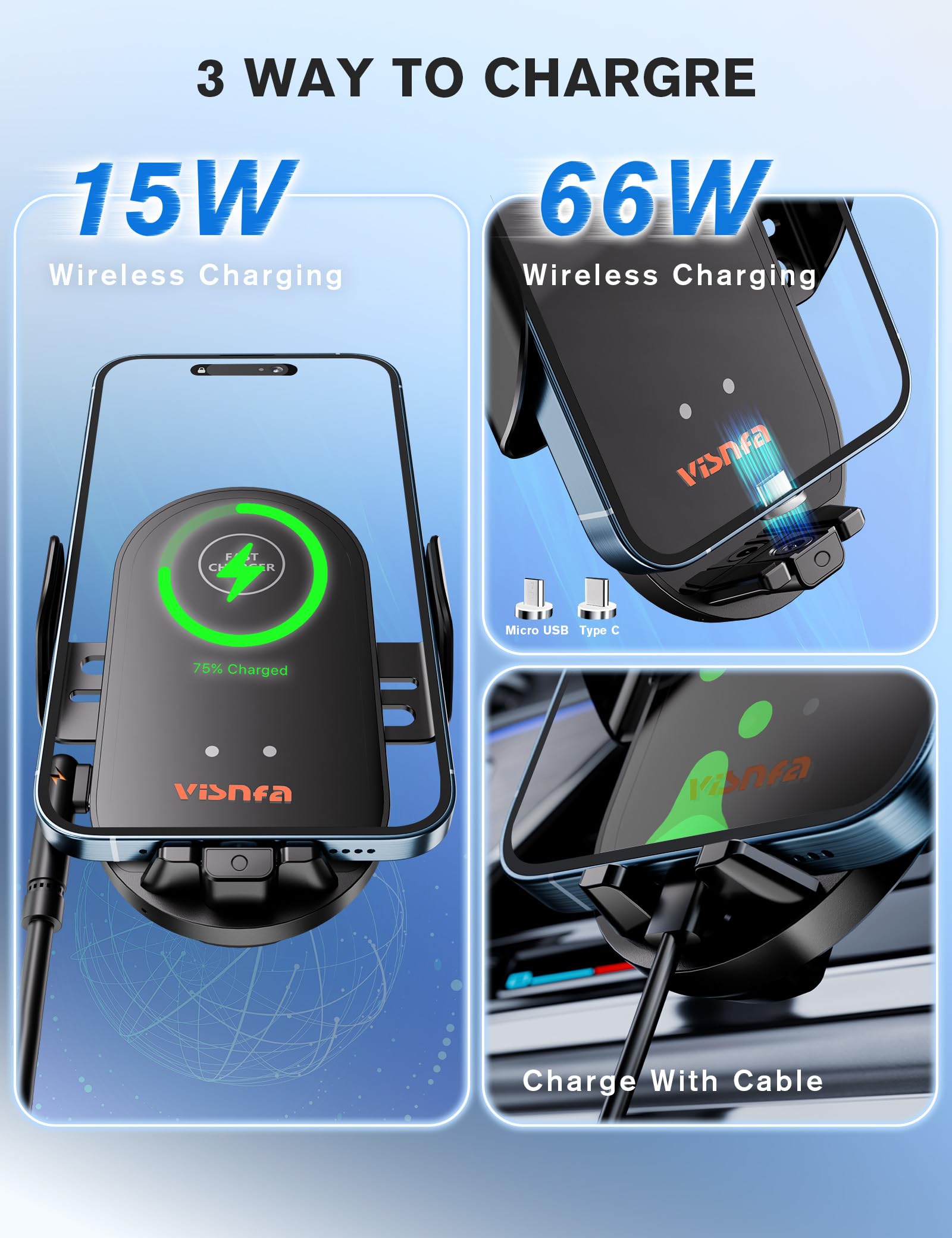 Visnfa Wireless Car Charger, 15W Fast Charging Car Phone Holder, 3 In 1 Phone Mount Auto Clamping Car Accessories Fit For Iphone 15/14/13/12 Pro/12/11/X/8, Galaxy S23 Ultra S22 S21/S10+, Etc, Black