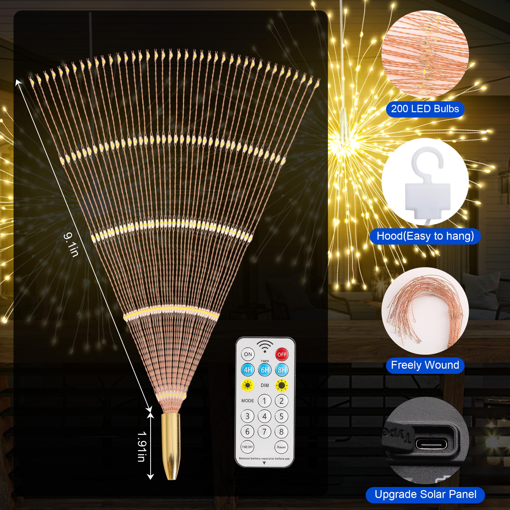 Lertdai Solar Firework Lights Outdoor, 600 Led Starburst Light Outdoor With Usb Rechargerable, 8 Modes Waterproof Solar Hanging Lights For Gazebo Yard Party Wedding Decorations (Warm White, 600 Led)