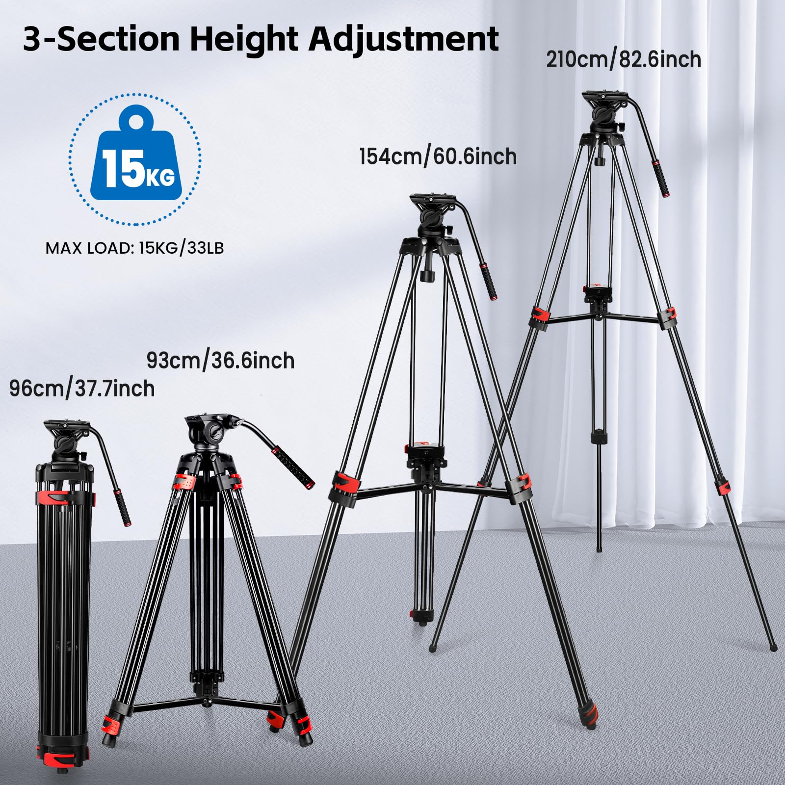 Mactrem 82" /210Cm Video Tripod Heavy Duty Tripod With 360° Fluid Head,Aluminum Tall Tripods Professional Compatible With Canon Nikon Sony Dslr Camera Camcorder Telescope Bnoculars (Load 33Lb)