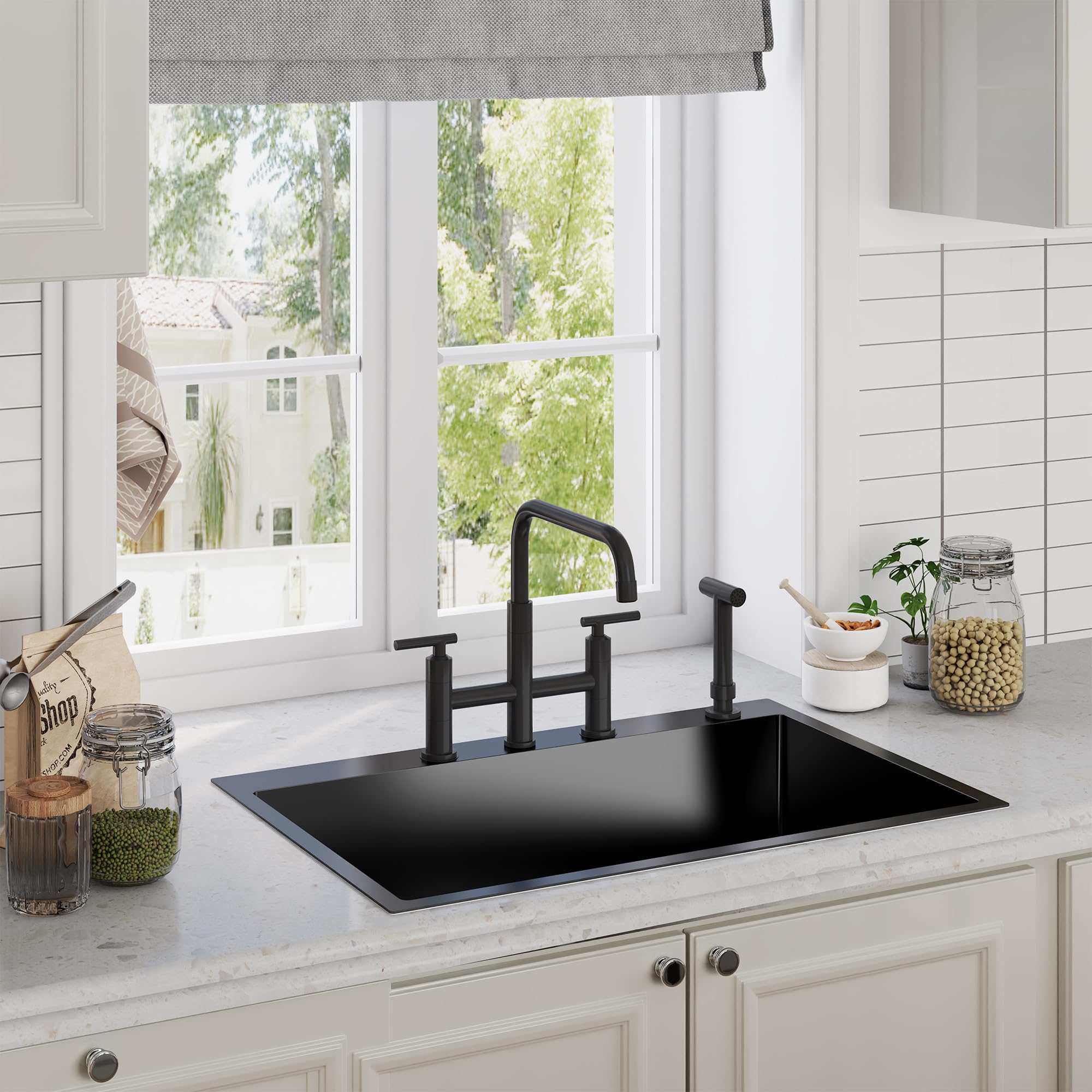 Mondawe Bridge Kitchen Faucet With Side Sprayer High Arch 2 Handles Farmhouse Kitchen Sink Faucet With Pull-Out Side Spray, 360° Swivel Spout, 4 Hole, 8 Inch Centerset, Matte Black