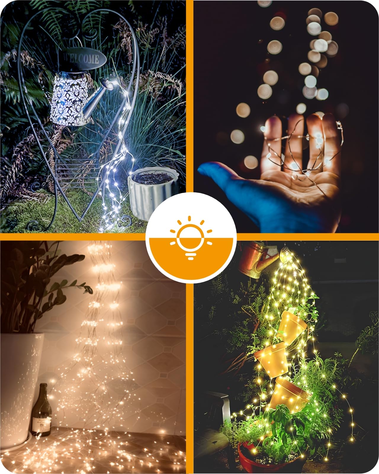 Chu&White Outdoor Solar Fairy Lights - 2 Pack 250 Led Waterproof String Lights For Outside Garden Decor, Watering Can & Waterfall Style, White, Patio Lighting