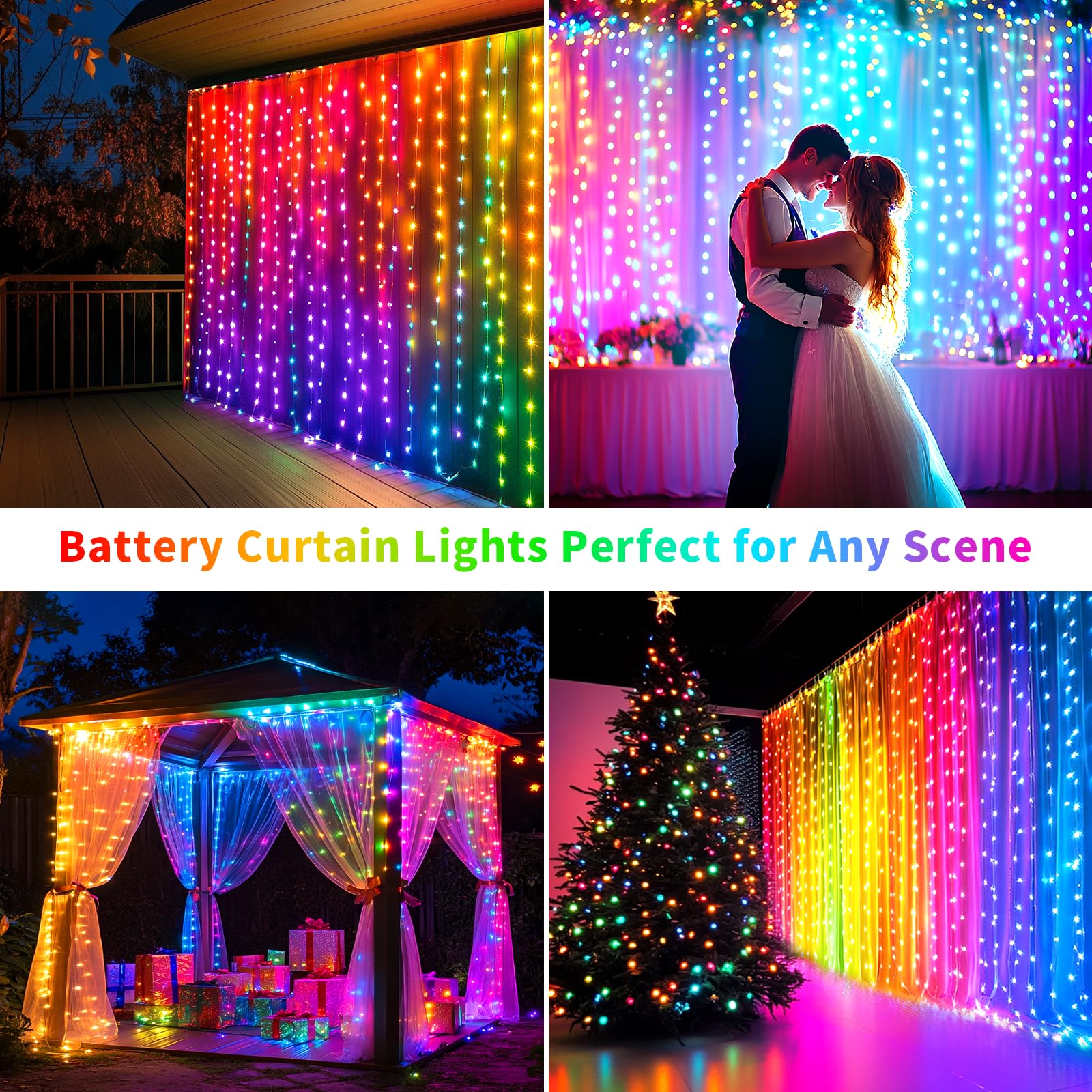 Qlirjad Curtain Lights Battery Operated 10X10Ft 300Led Waterproof Waterfall Light With 8 Modes Remote Dimmable Timer Memory Twinkle Fairy String Lights For Outdoor Indoor Gazebo Wedding Pergola Patio Bedroom