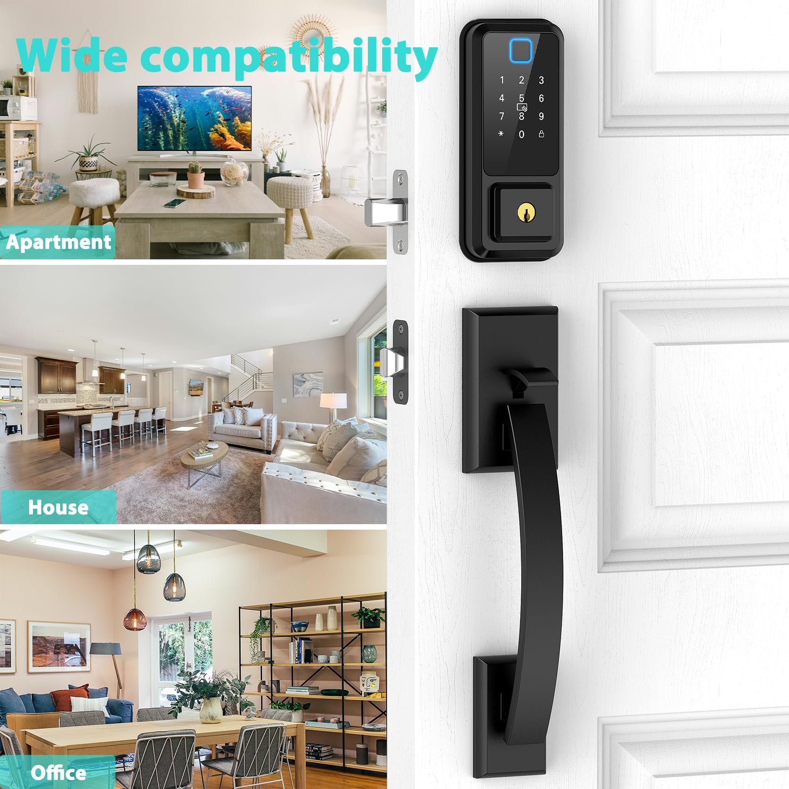 Cinop Front Door Lock Set 5 In 1 - Wifi Remote Control Unlock, Smart Locks For Front Door, Keyless Entry Door Lock Deadbolt With Handle Set, Bluetooth Enabled With Alexa Voice Control (Black)