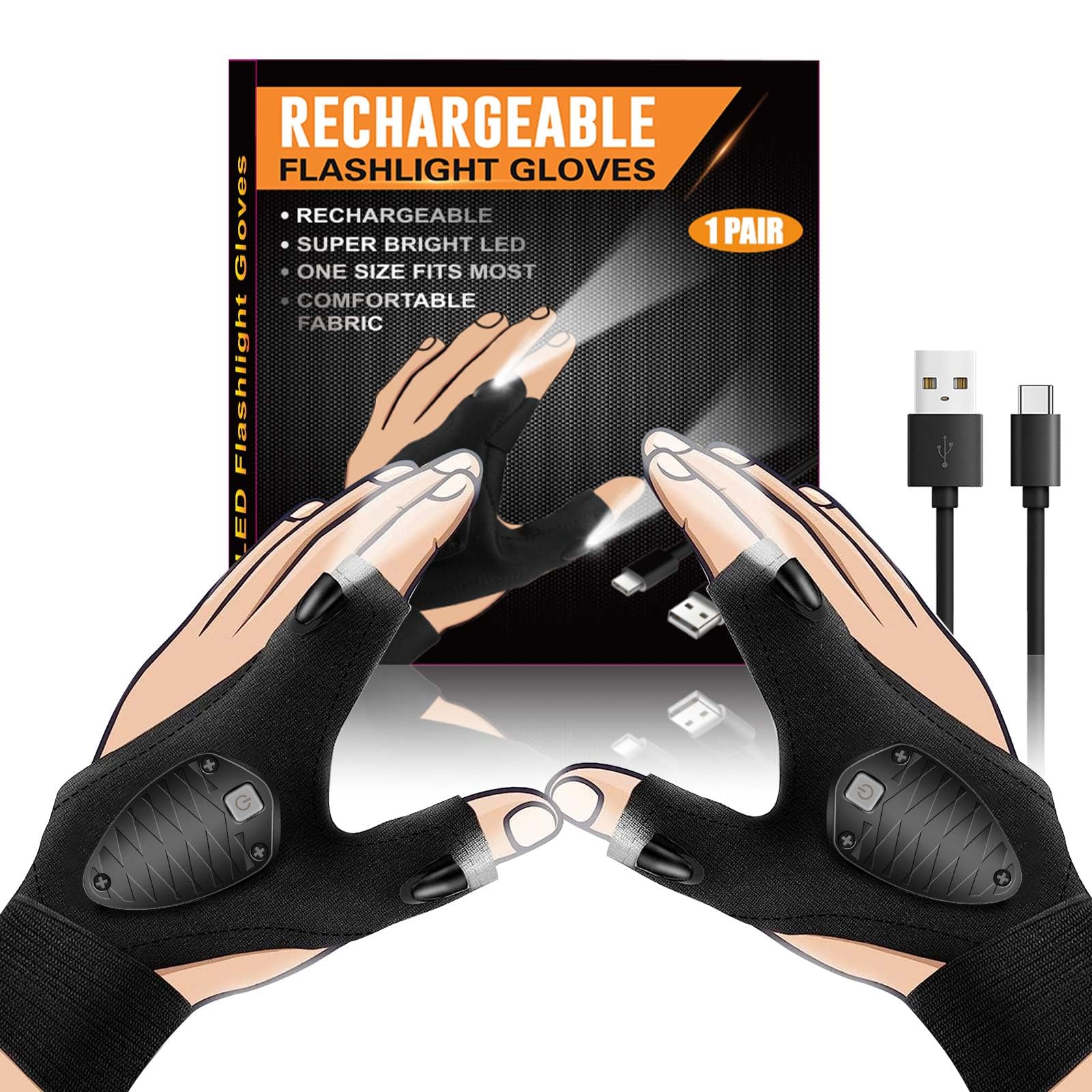 Moipejo Rechargeable Led Flashlight Gloves Waterproof, Birthday Christmas Valentines Father'S Day  For Men Dad From Daughter Son, Cool Gadget Tool Hands- Lights For Fishing Repairing Camping