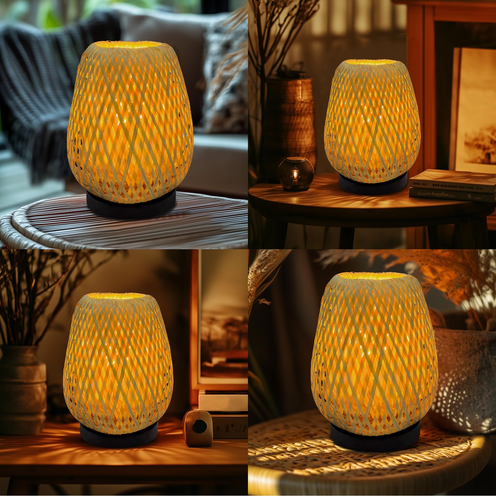 Jriceskiz Dimmable Rattan Table Lamp, Handmade Boho Woven Nightstand Lamp, Adjustable Warm Glow For Bedroom, Living Room, And Home Decor