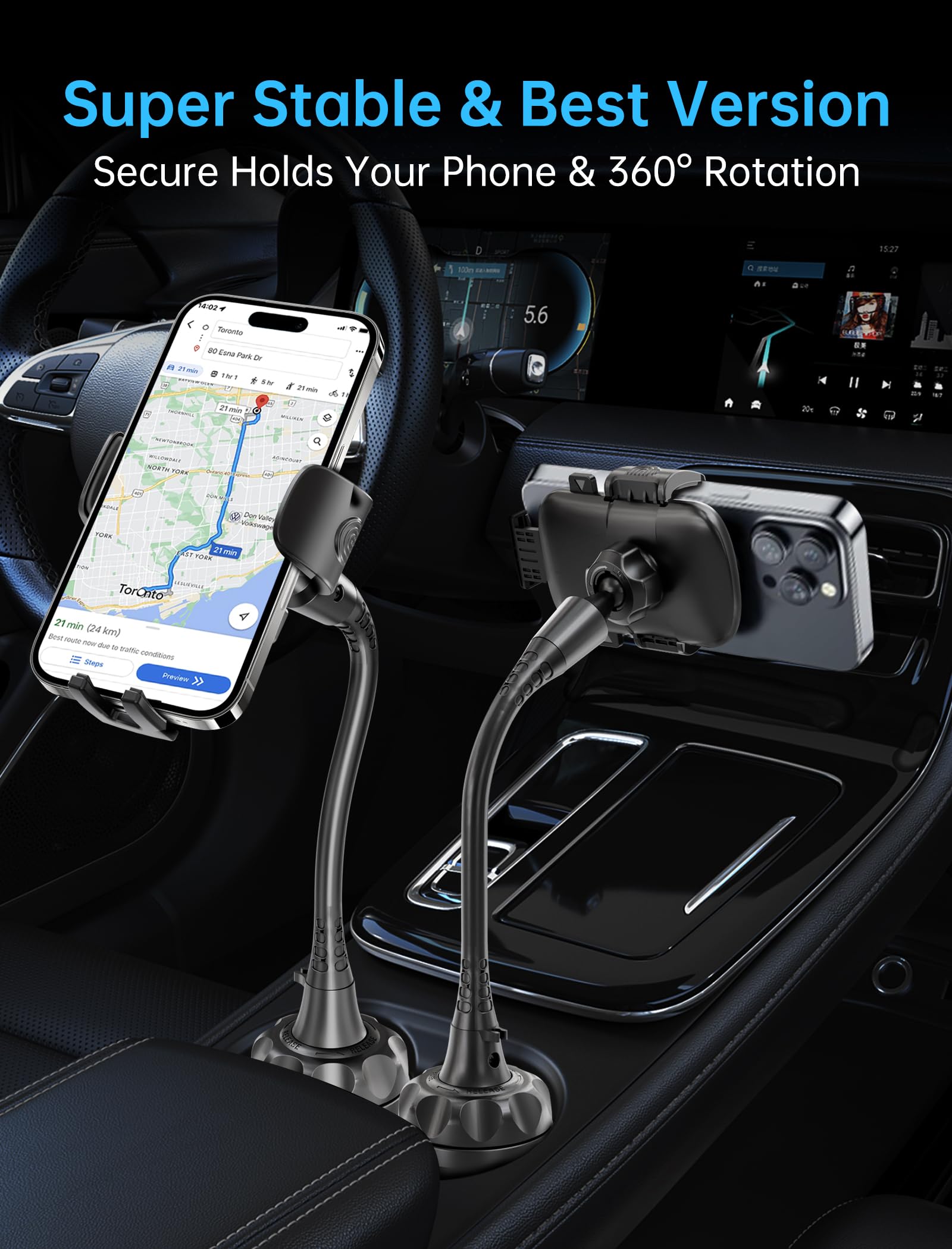 Topgo Cup Phone Holder For Car [ Adjustable Gooseneck & Firmly Stable] Car Phone Mount Cell Phone Automobile Cradles For Iphone 16 And All 4-7 Inches Smartphone(Black)