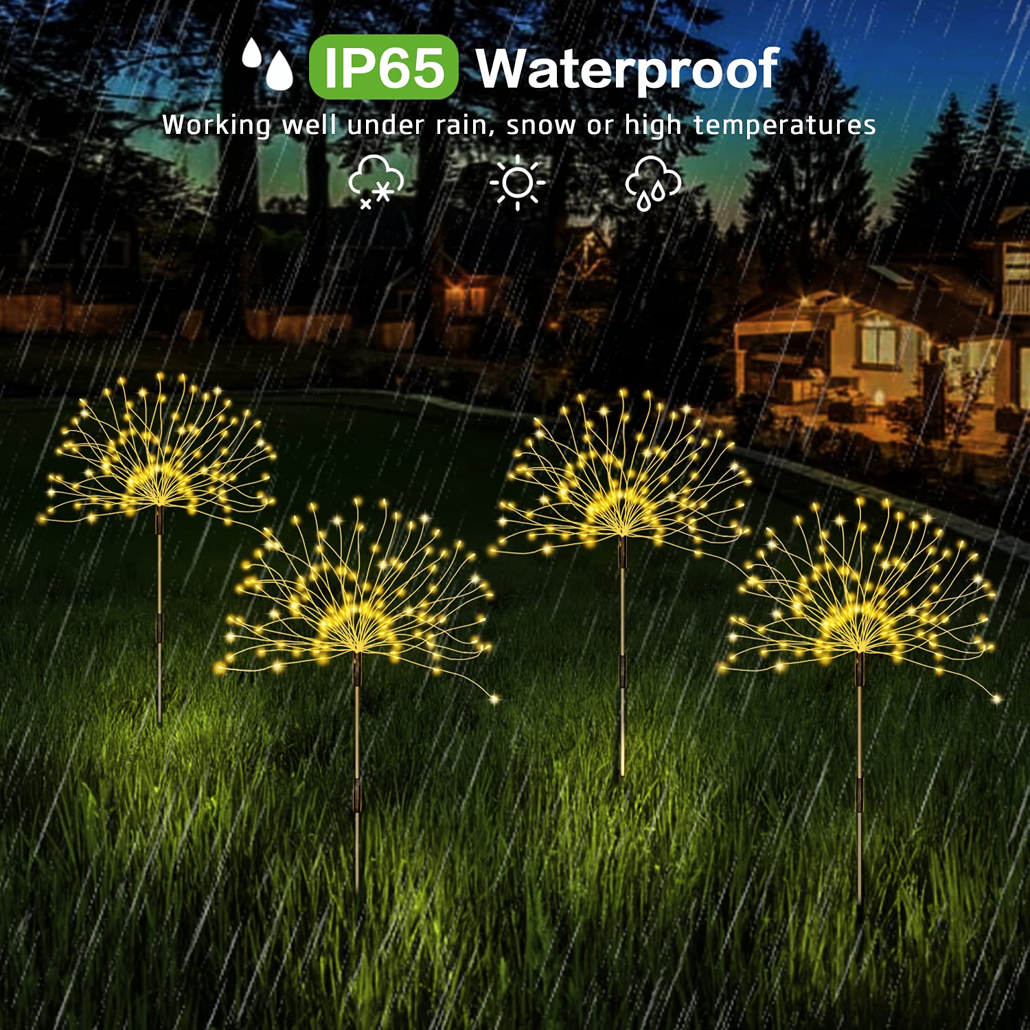 Unihoh Solar Outdoor Warm White Garden Lights, 4 Pack Firework With 120 Led Starburst String 8 Modes Fairy With Remote, For Wedding Christmas, Lawn Backyard Party Patio Decoration