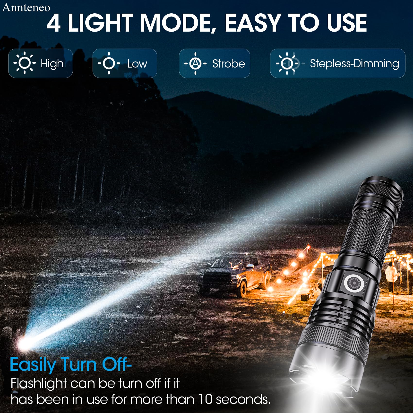 Annteneo Rechargeable Flashlights High Lumens - 25000 Lumen Super Bright Spotlight Led Flashlight, 4 Modes Tactical Flash Light Powerful Flashlight For Home Emergency Camping(With Case)
