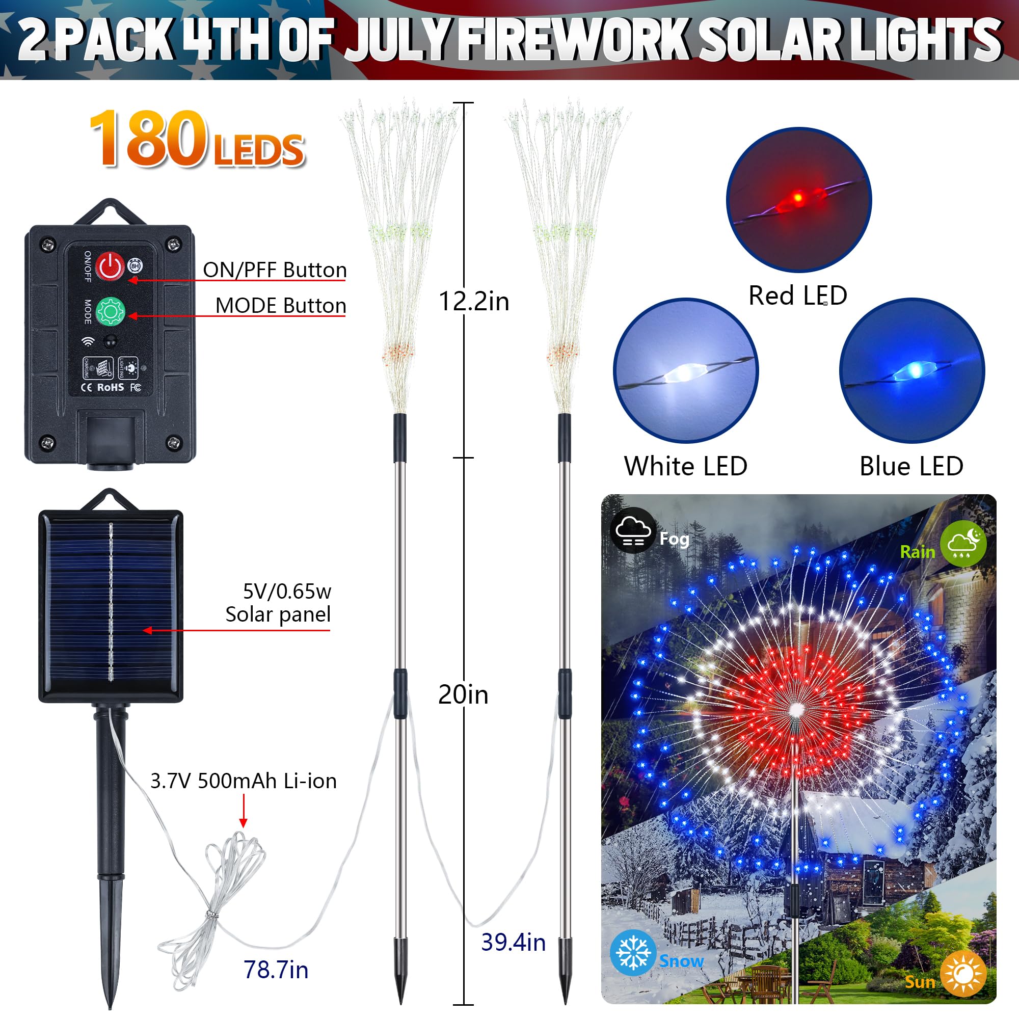 Sakayo 4Th Of July Decorations Outdoor 2 Pack Red White And Blue Solar Firework Lights With 180 Led 8 Lighting Modes Patriotic Decorations Fireworks Lights Waterproof Fourth Of July Lights For Party