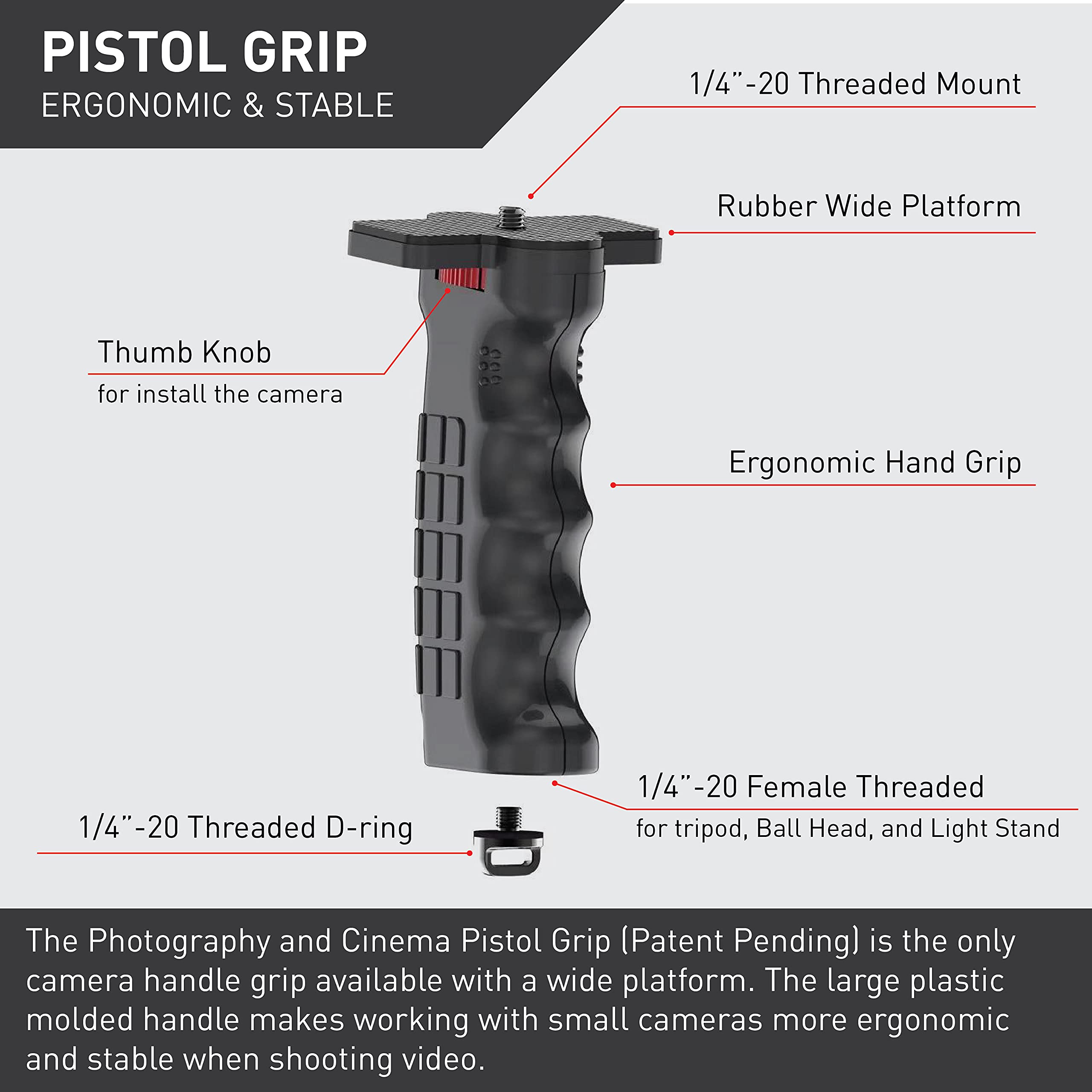 P&C Pistol Grip Camera Handle Grip Stabilizer, Standard 1/4" Screw For Dslr / Mirrorless Camera, Video Stabilizer Handle, Compatible With Canon, Sony, Nikon, Gopro, 1/4" Screw Thread For Tripod
