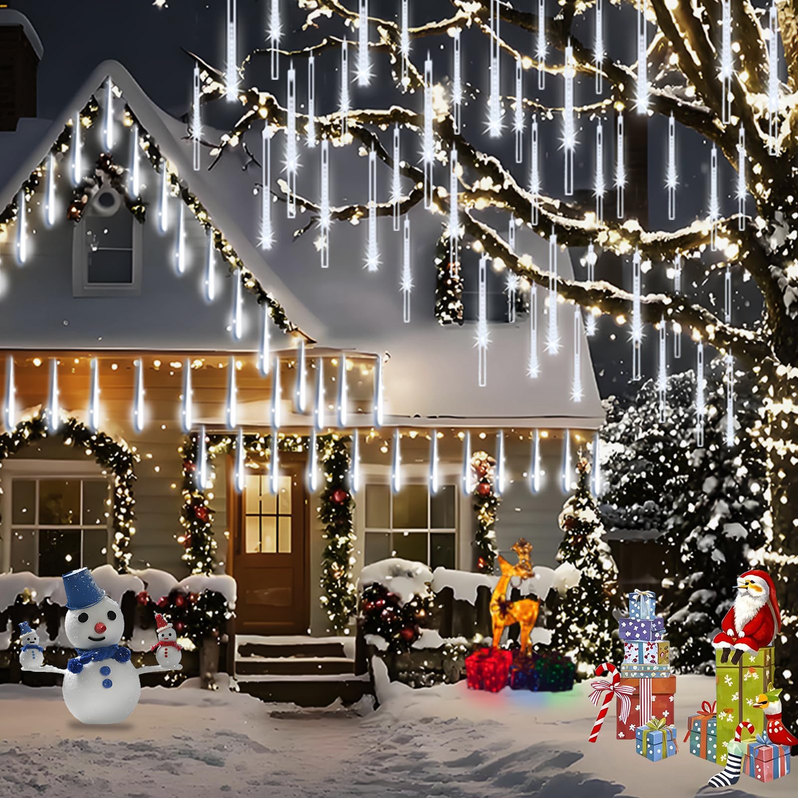 Adecorty Christmas Lights Outdoor, Meteor Shower Lights 8 Tubes 192Led Ul  Snow Falling Rain Cascading Icicle Light For Xmas Tree Christmas Decorations Outdoor Wedding Party Window, White