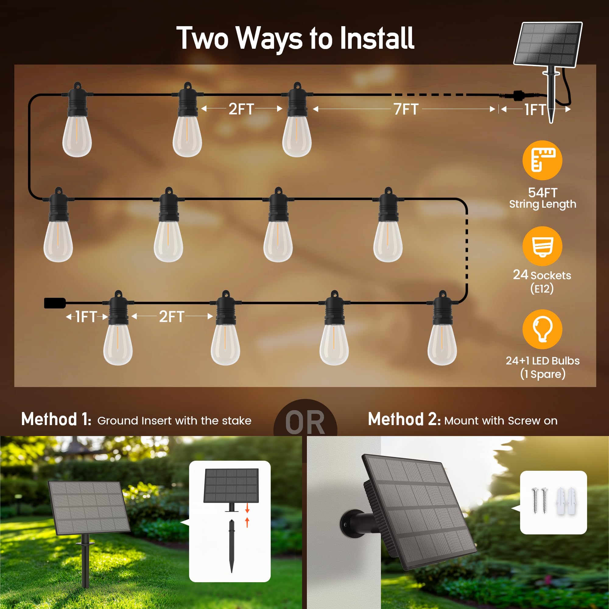Aubverc Solar String Lights Outdoor Waterproof 54 Ft 24 Sockets 25 Leds Patio Lighting, Usb Charge & Remote Controlled Dimmer Timer, Solar Outdoor Lights For Patio Yard Outside Camping Party 2700K