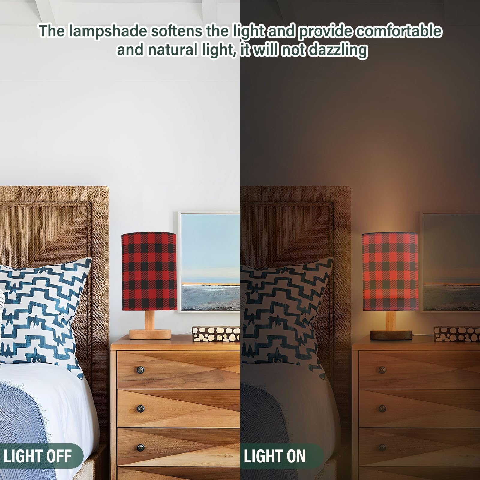 Domiking Black Red Buffalo Plaid Check Bedside Table Lamp For Bedroom Fabric Linen Lampshade Nightstand Lamp Desk Light Lamps For Home Dorm Office 5.12X9.7In