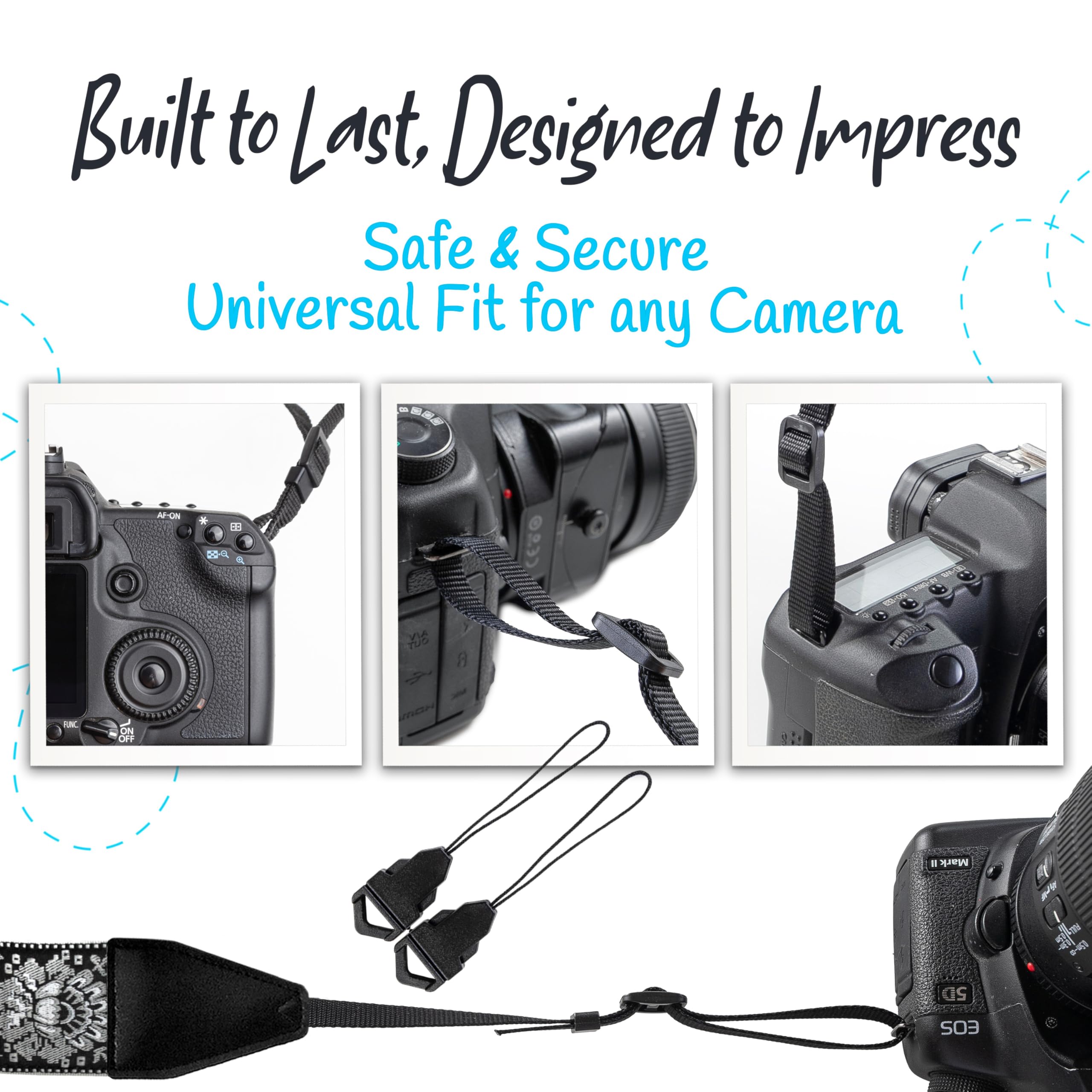 Art Tribute Camera Strap For All Dslr And Mirrorless Camera Including Binoculars. Embroidered Silver & Black Woven Strap Universal Neck Crossbody & Shoulder Belt,  For Photographers Men & Women