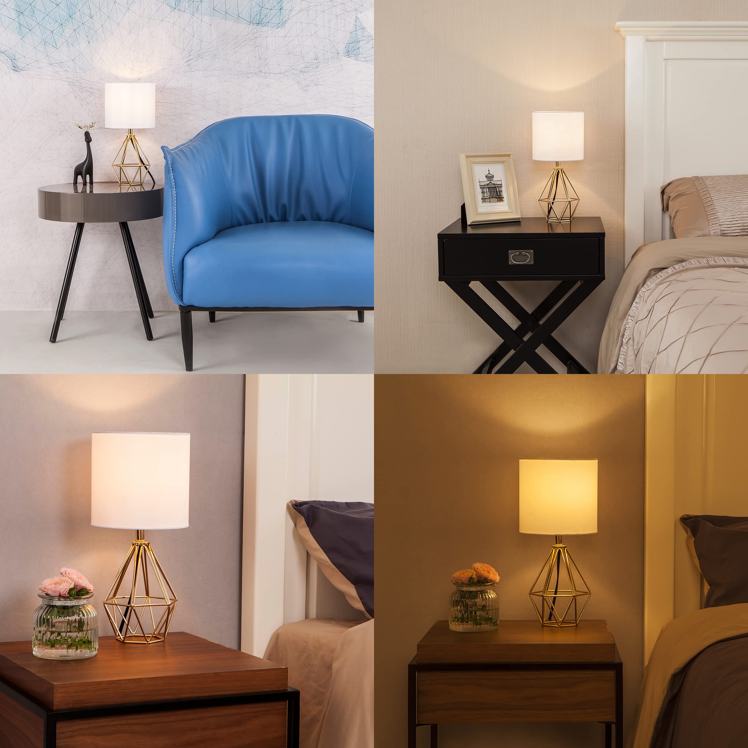 Cotulin Set Of 2 Gold Bedroom Small Table Lamp,Modern Bedside Nightstand Lamps With Geometric Metal Base White Fabric Shade,Cute Desk Lamp For Kids Living Room
