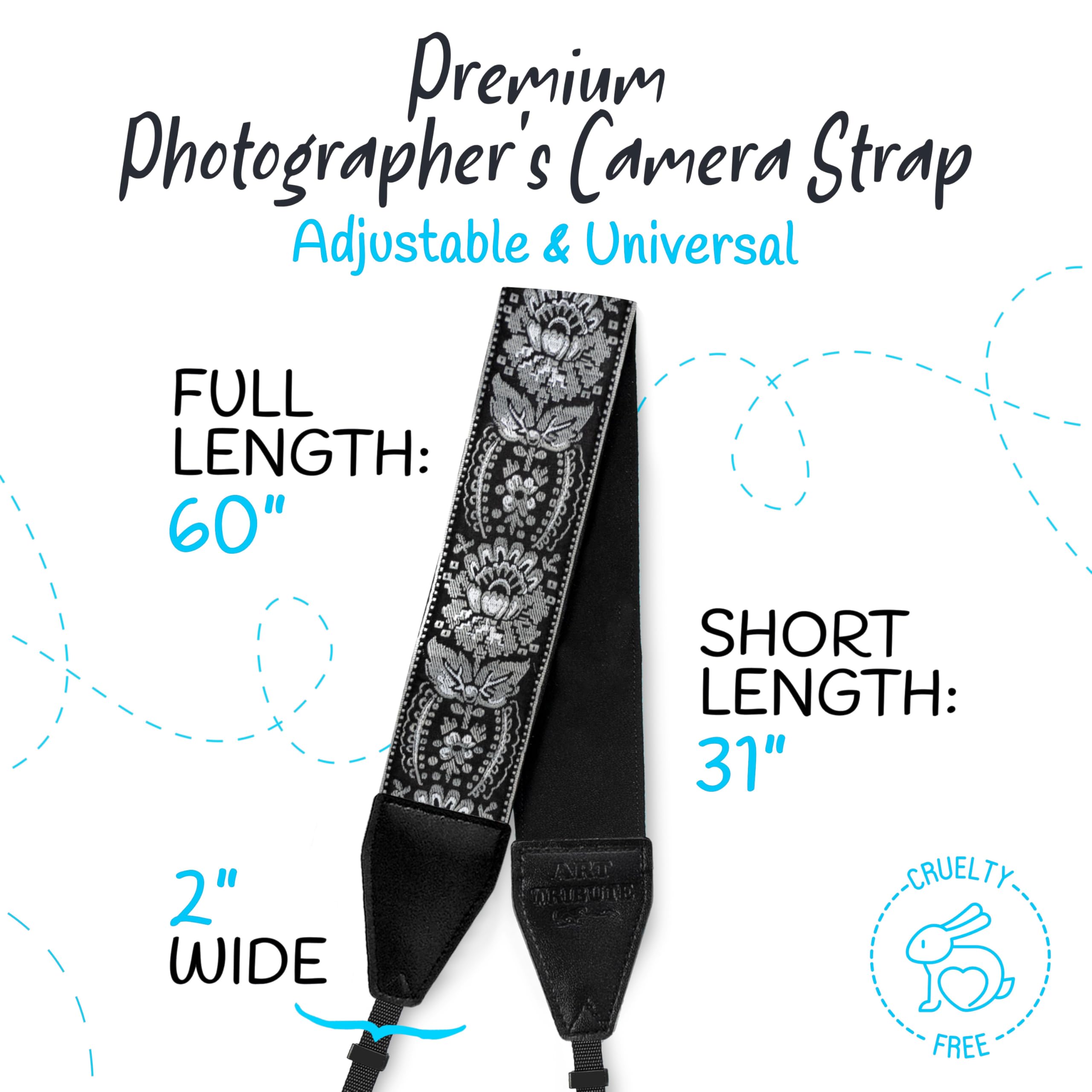 Art Tribute Camera Strap For All Dslr And Mirrorless Camera Including Binoculars. Embroidered Silver & Black Woven Strap Universal Neck Crossbody & Shoulder Belt,  For Photographers Men & Women
