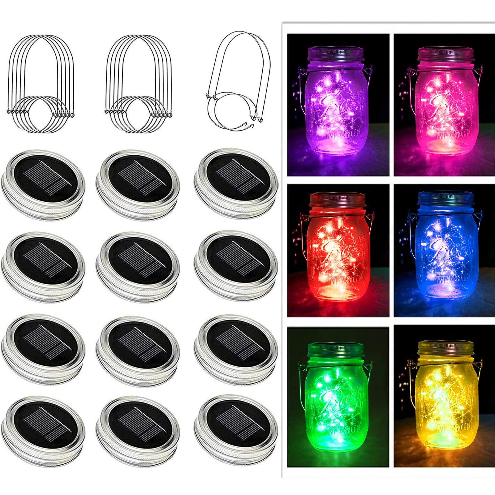 Yjfwal Solar Mason Jar Lights, 12 Pack 30 Led Fairy Firefly String Mason Jar Lids Lights With 12 Hangers (No Jars), Diy Mason Jar Patio Garden Wedding Party Birthday Decor