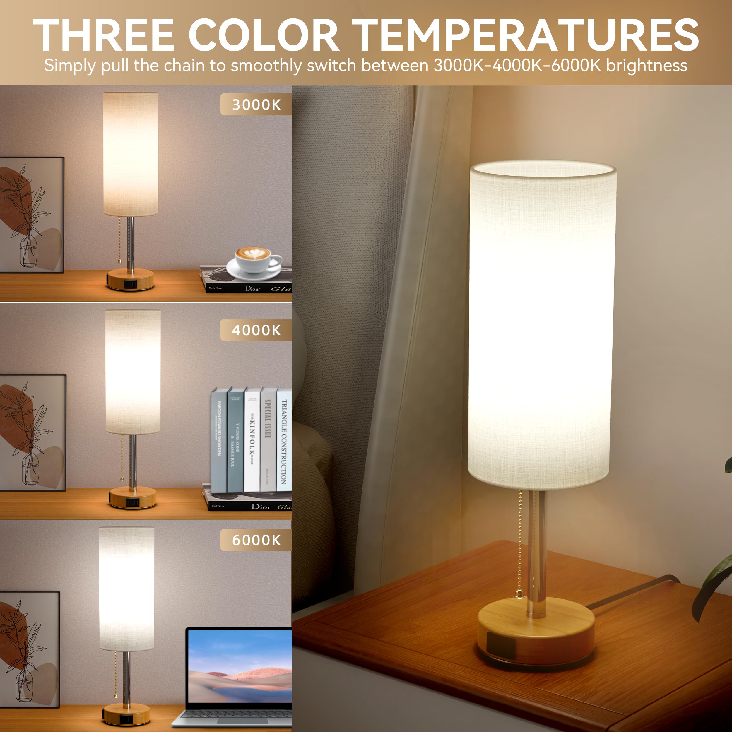 Onyxa 20” Bedside Lamps Set Of 2 With Ac Outlet, Usb A & C Charging Ports, 3 Color Temperatures Table Lamps With Pull Chain Switch, Nightstand Lamp With E26 Bulbs For Bedroom, Office & Living Room
