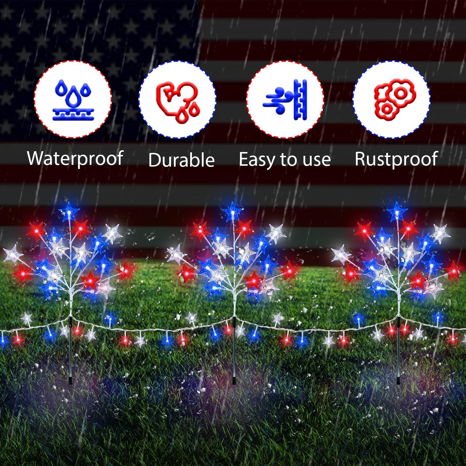 Kenburg 4Th Of July Decorations, 4 Packs Red White And Blue Stars Pathway Lights, 8 Modes Stake Light Patriotic Decor Outdoor Lights For Memorial Day Independence Day Yard Grave Garden Lawn
