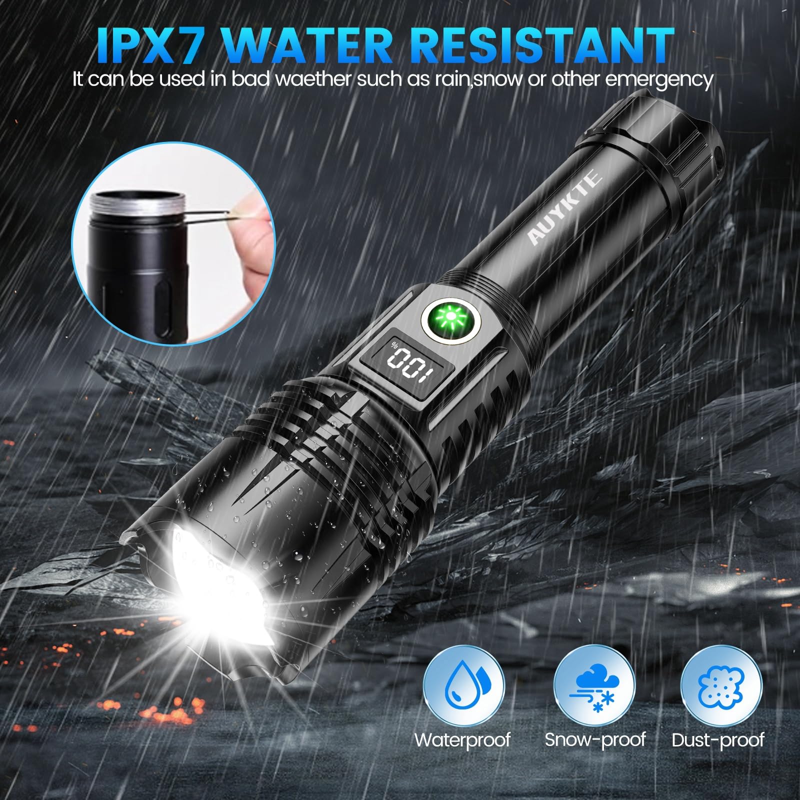 Auykte Rechargeable Led Flashlights, 250000 High Lumens, 5 Modes Zoomable, Super Bright Flashlight, Tactical Powerful Ipx7 Waterproof Handheld Flash Light For Emergencies, Hiking, Camping