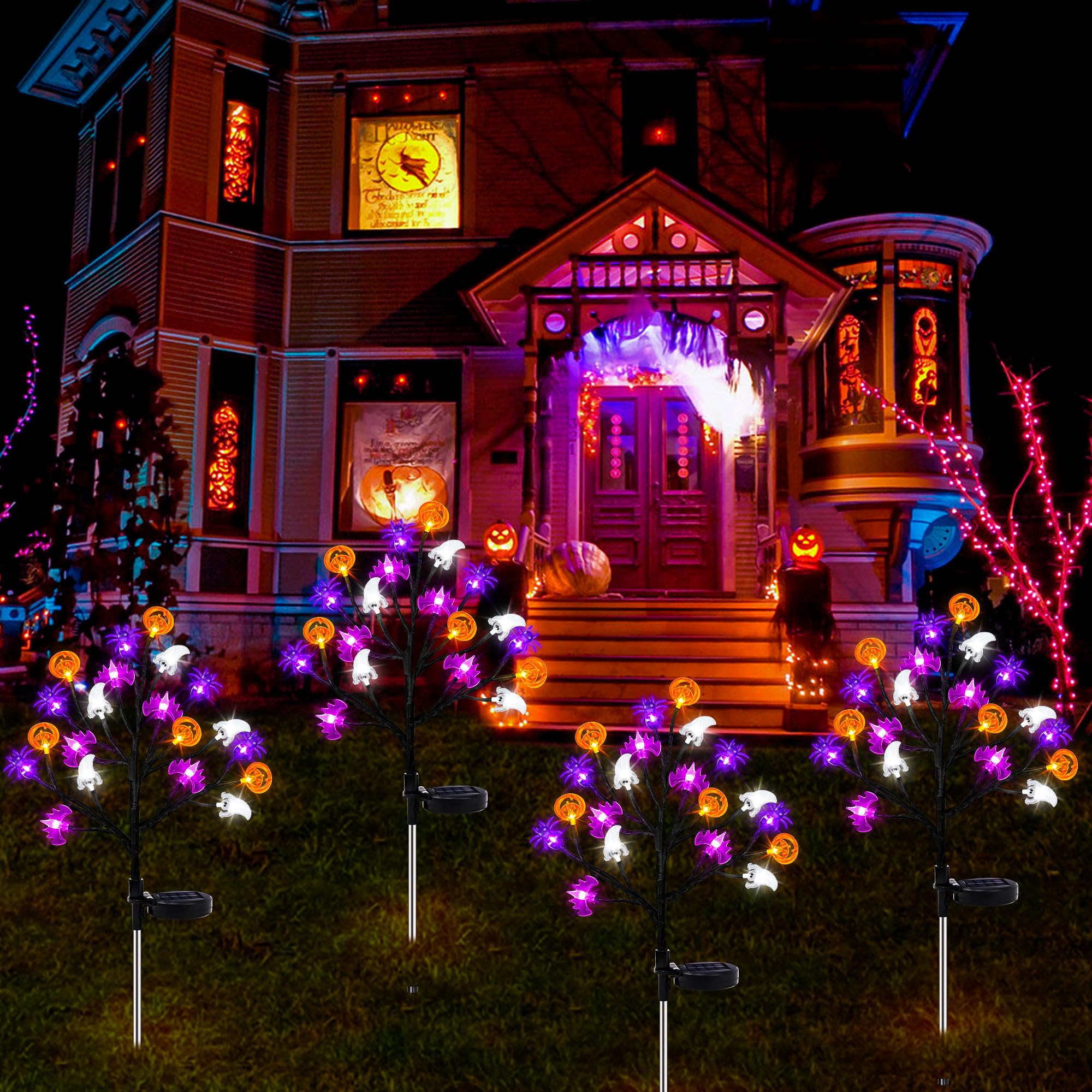 Sakayo Halloween Decorations Outdoor Solar Lights, 2 Pack Halloween Lights Outdoor Solar Lights Waterproof With 20 Led Ghosts Bats Spiders Pumpkin Lights, 2 Modes Solar Pathway Lights For Halloween Decor