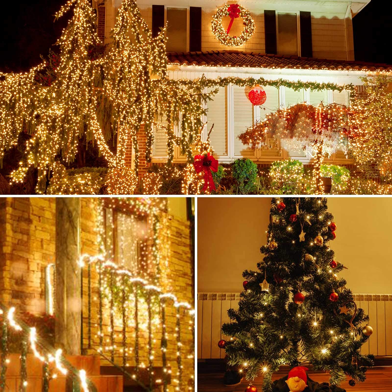 Sanjicha 2-Pack 66Ft 200 Led Christmas Lights, Extendable Christmas Tree Light With Timer & Memory Function, Waterproof Green Wire Outdoor String Lights Indoor With 8 Lighting Modes (Warm White)