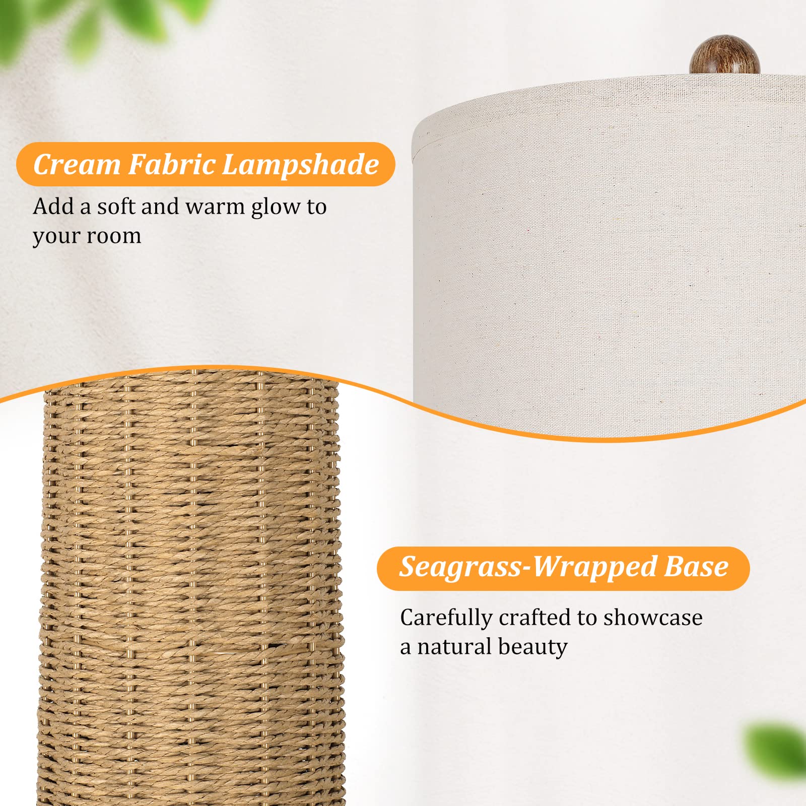 Beslowe 26" Coastal Table Lamps Set Of 2 With 2 Usb Ports, Rattan Nightstand Bedside Table Lamps For Living Room With Rotary Switch, Seagrass Farmhouse Desk Lamps For Bedroom Dorm Hotel