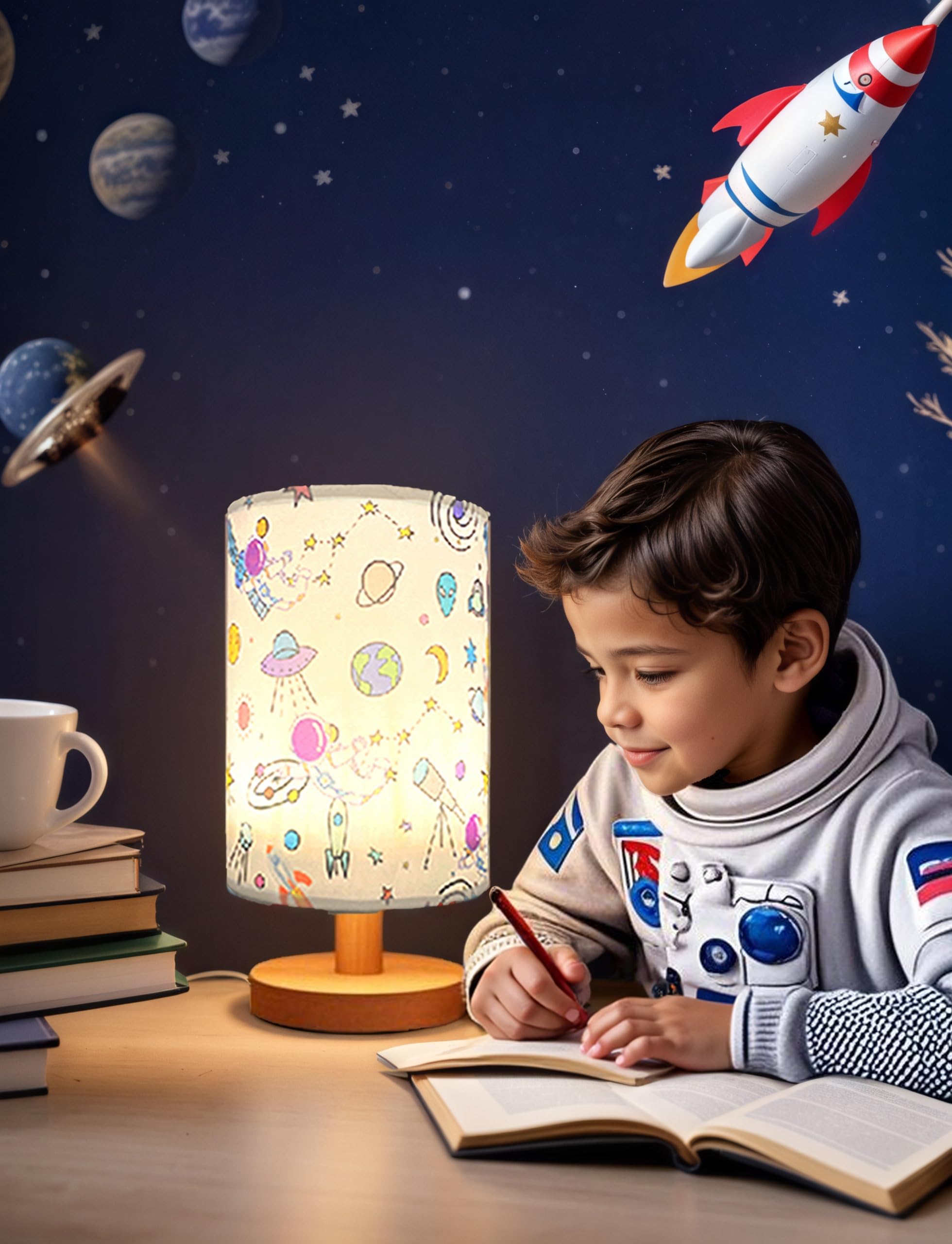 Gftdns Astronaut Kids Table Lamp, Astronauts Room Decor For Boys,3 Level Dimmable Wood Nightstand Desk Base Flaxen Fabric Shade For Bedroom Living Room,Astronauts For Boys