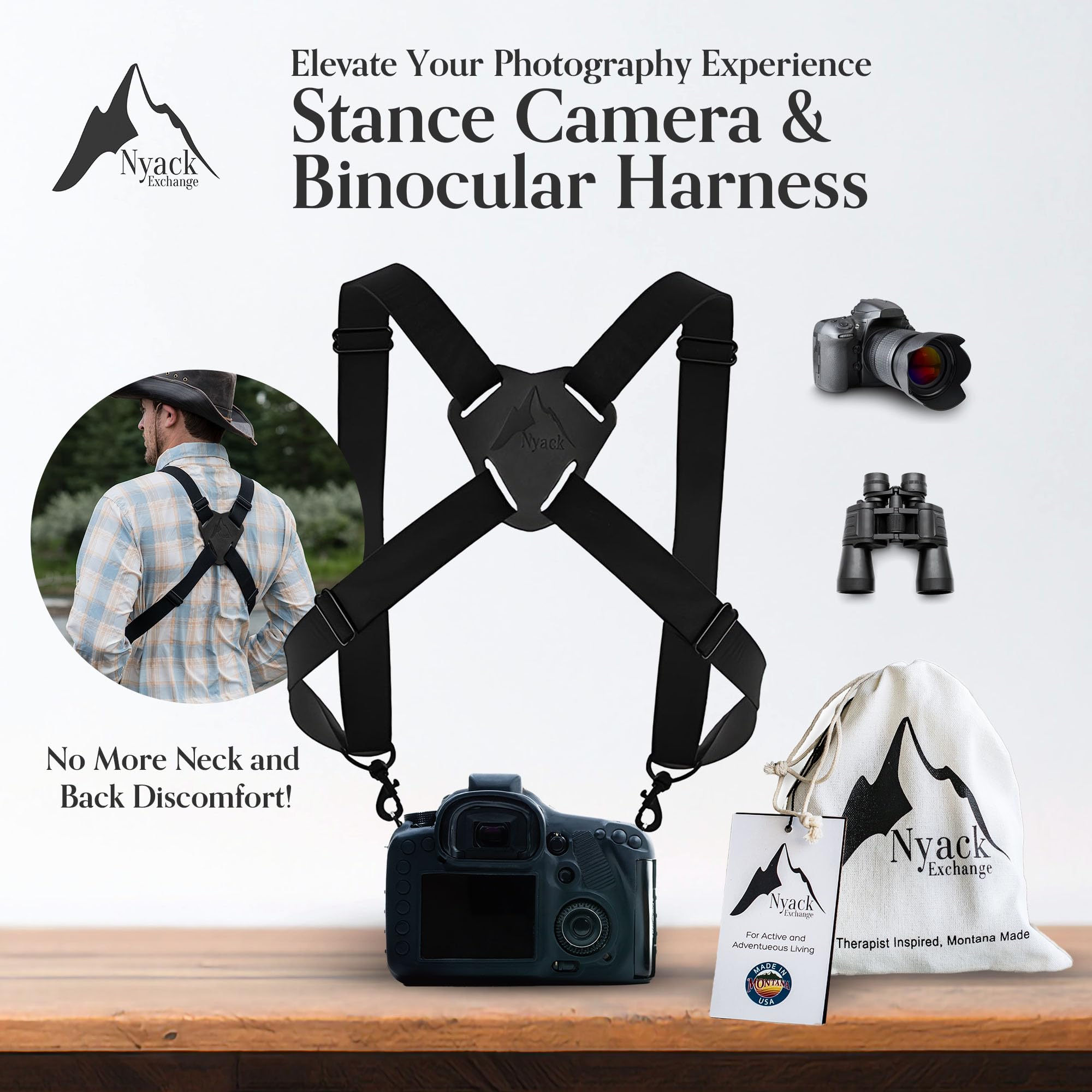 Nyack Exchange Camera And Binocular Harness  Usa Made, Quick Release, Adjustable Straps For Hiking, Birding, Hunting