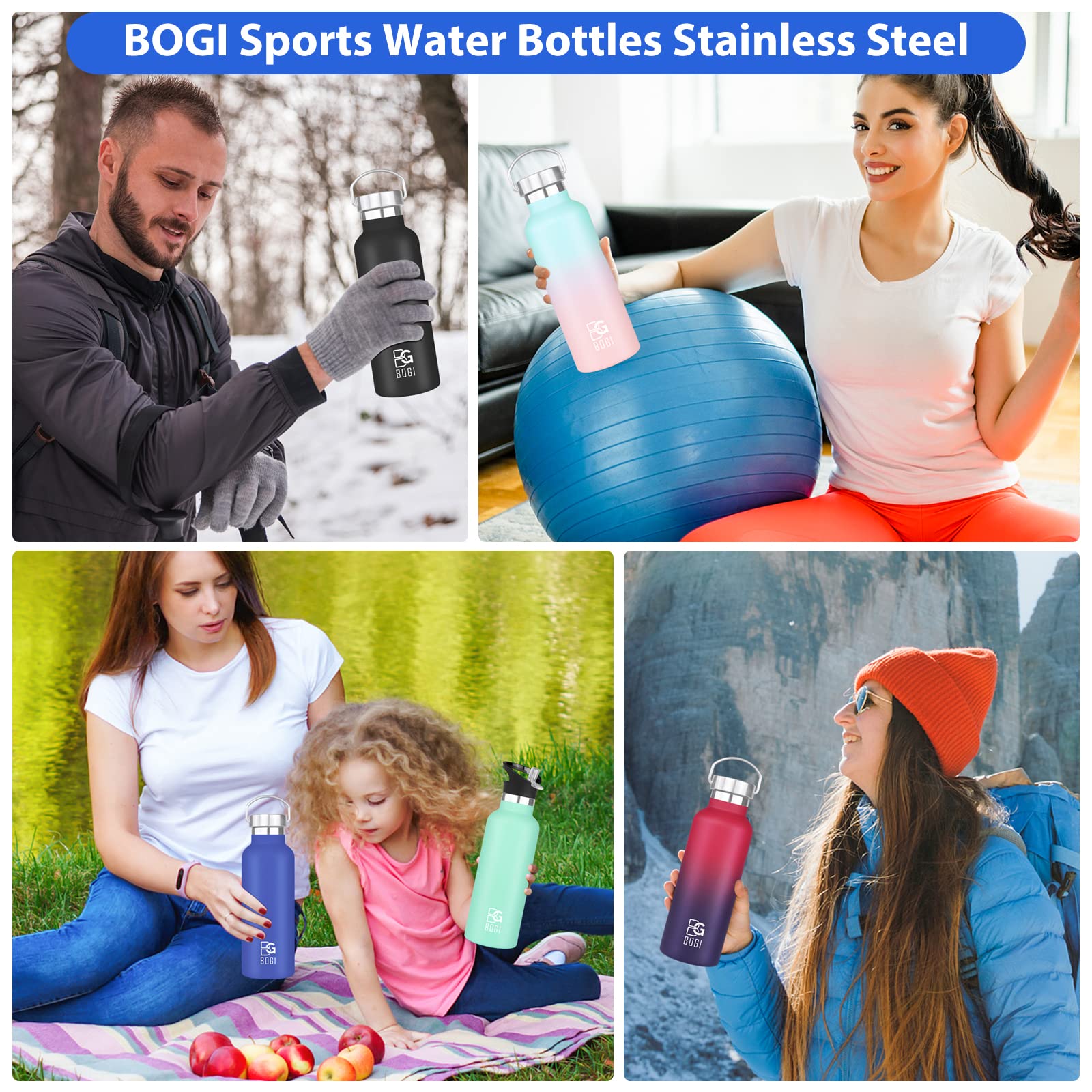 Bogi Insulated Water Bottle 24Oz, Wide Mouth Stainless Steel Water Bottles Leakproof Metal Water