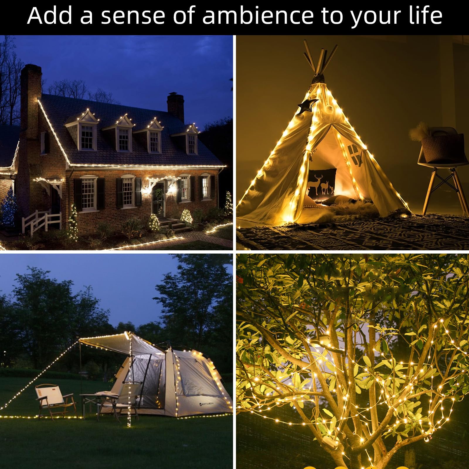 Janhaley Solar Camping String Lights, 39Ft 120Led Stowable String Lights With 8 Lighting Modes, Usb Rechargeable, Ip64 Waterproof Solar String Lights For Outdoor, Indoor, Home, Rv, Garden, Patio, Warm White