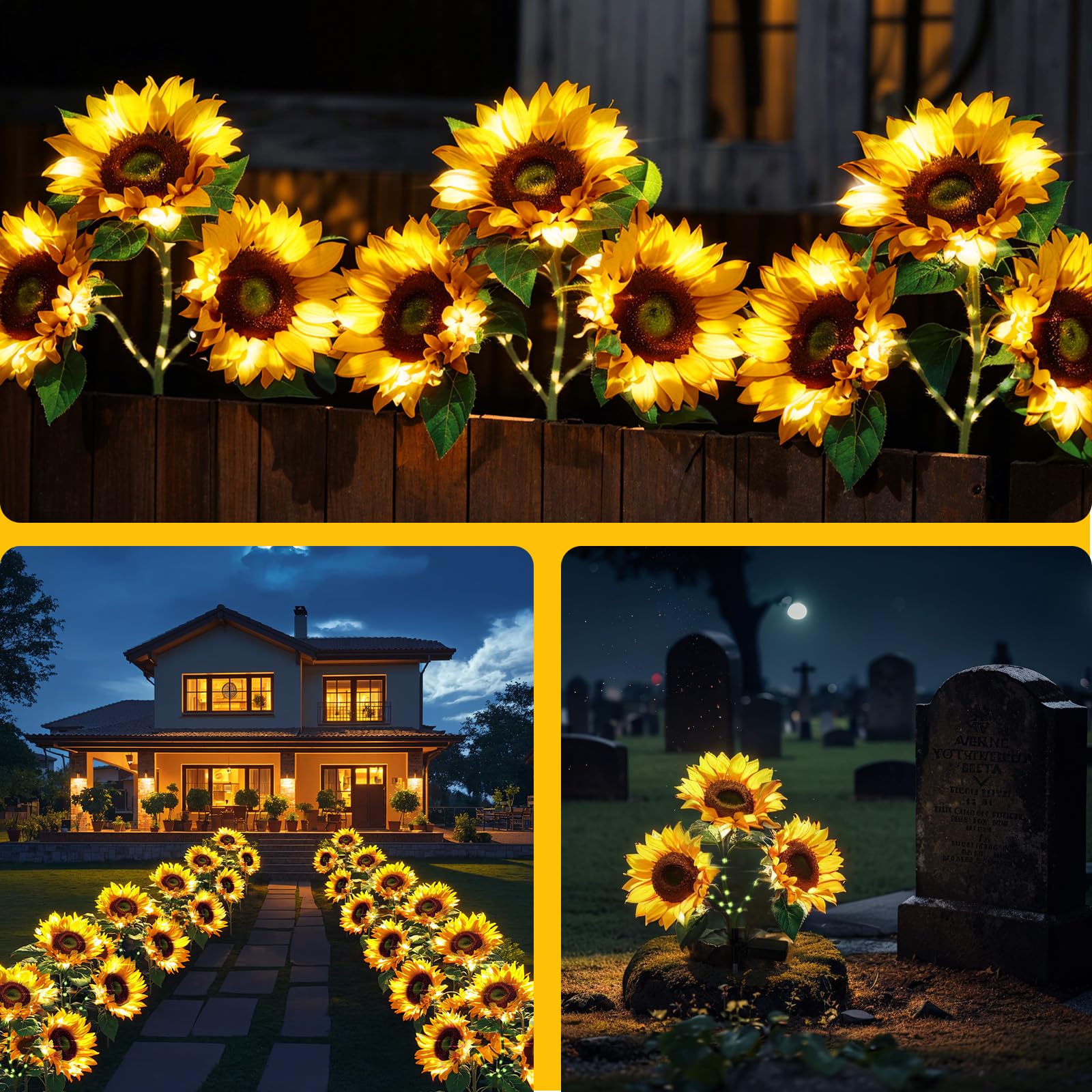 Bomier Solar Flowers Waterproof Decorative - 3 Pack Garden Lights With 9 Sunflower Lights, Outdoor Decor For Yard Decorations