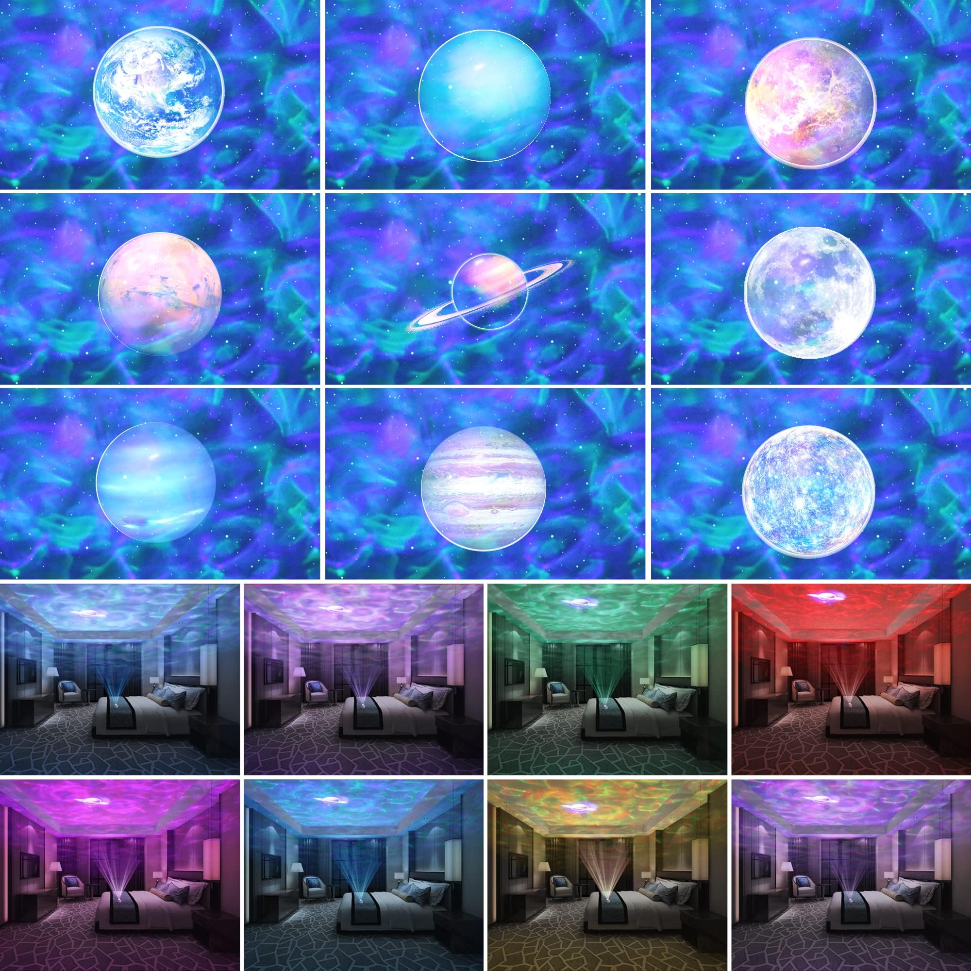 Lumoonosity Ocean Wave Projector – Water Light Projector For Bedroom, Kids Room Decor – Ocean Galaxy Night Light With Speaker - Starry Light With 9 Planet, Star, Water Wave Effect