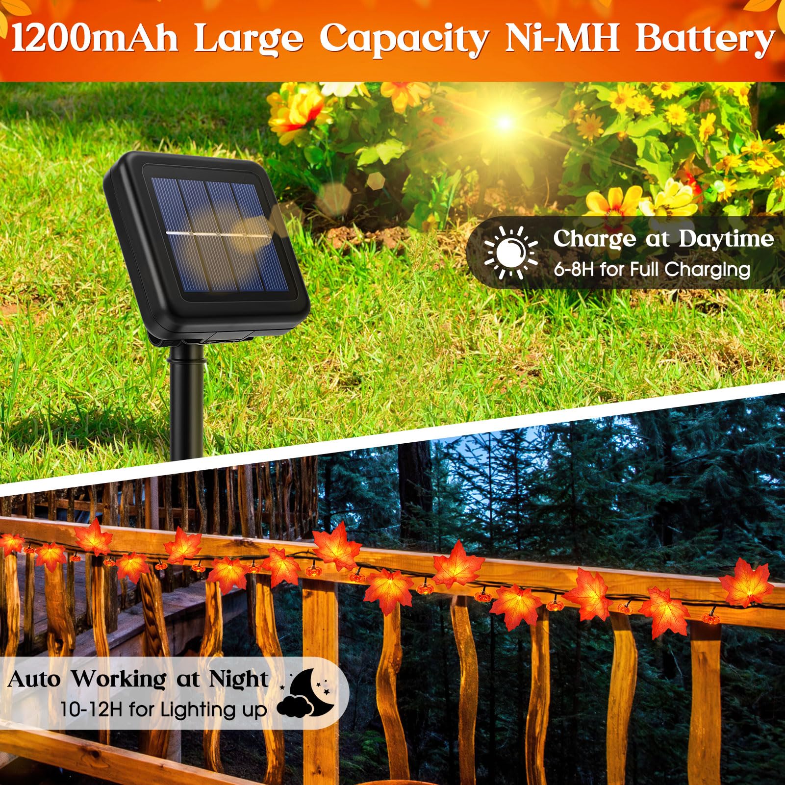 Reyeeinc Fall Solar Lights Outdoor Decorative, 39Ft 100 Leds And 8 Modes Solar Lights Thanksgiving Decorations Outdoor Maple Pumpkin String Garland For Autumn Outside Garden Harvest Party Halloween Decor