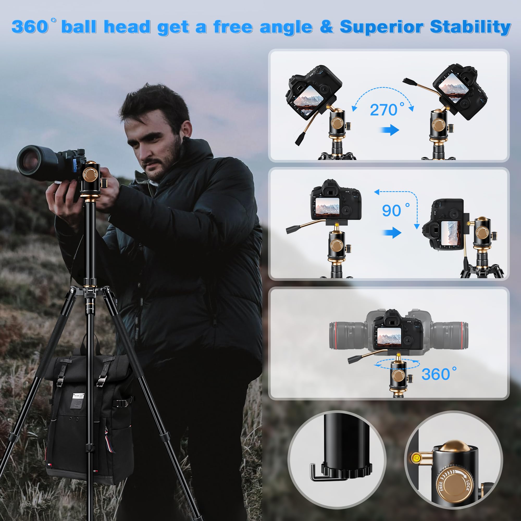 Yotilon Tripod For Camera 77.2'', Aluminum Camera Tripod & Monopod With Removable Handle And 360°Ball Head Payload 17.6Lb, Lightweight Travel Tripod For Dslr With Carry Bag For Travel And Work