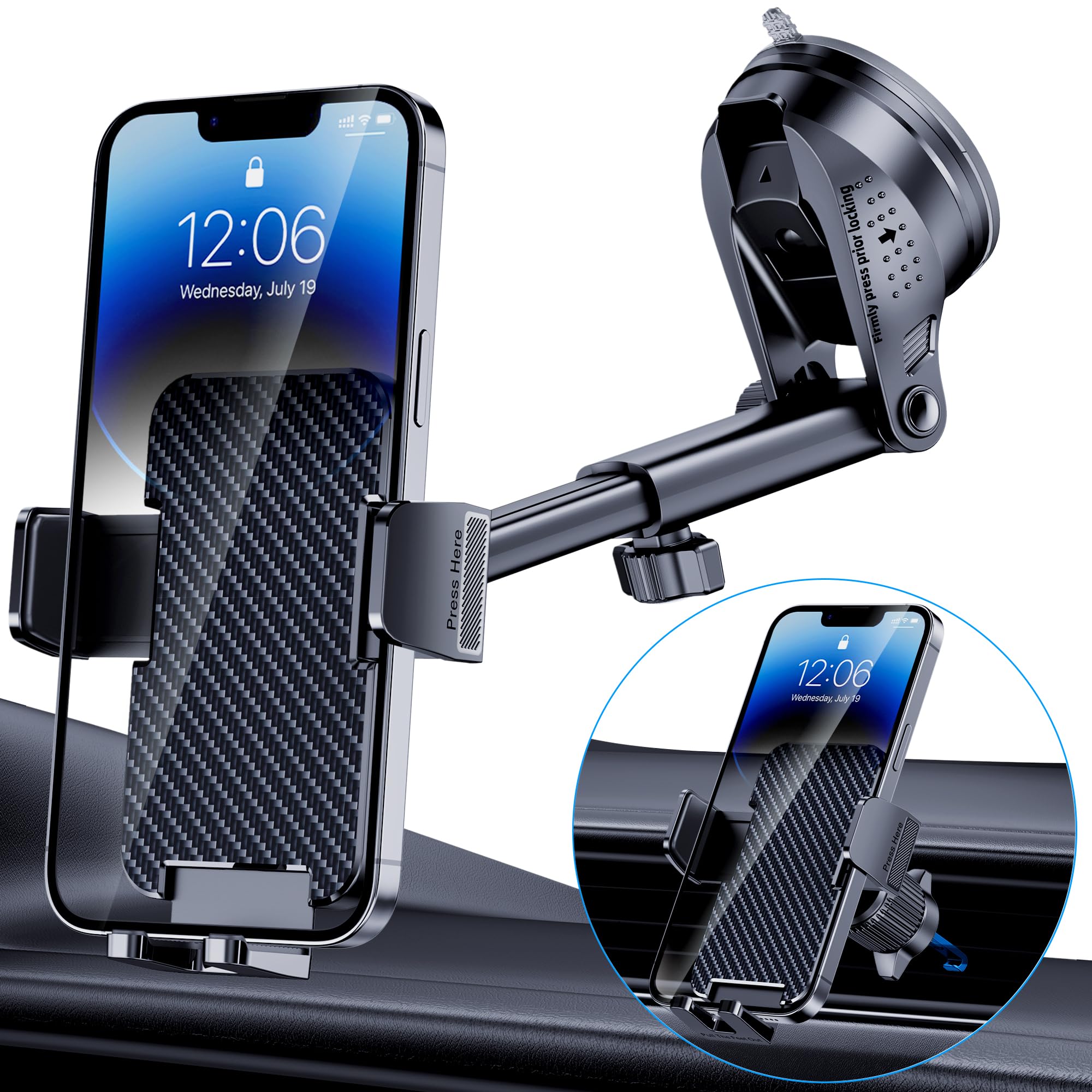 Bivgaza Phone Holder Car [Military-Grade Suction] Universal Car Phone Holder [Thick Case Friendly] Automobile Accessories Dashboard Air Vent Windshield Phone Mount Fit For Iphone Android Smartphones