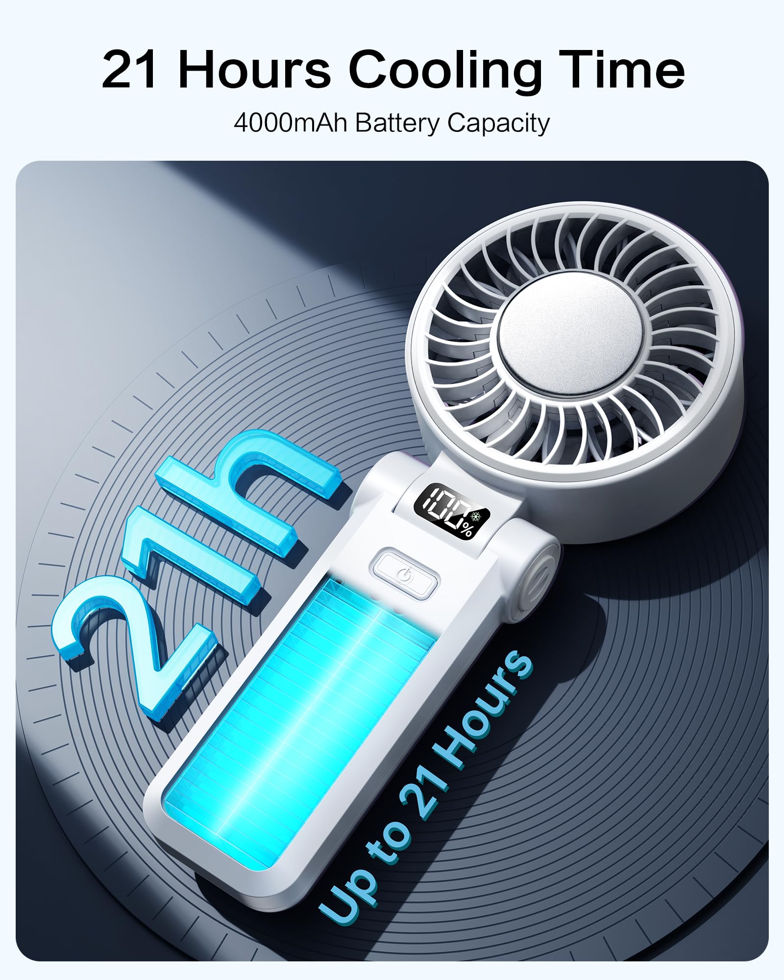 Compact portable fan with 21-hour runtime, adjustable fold, and personal cooling function