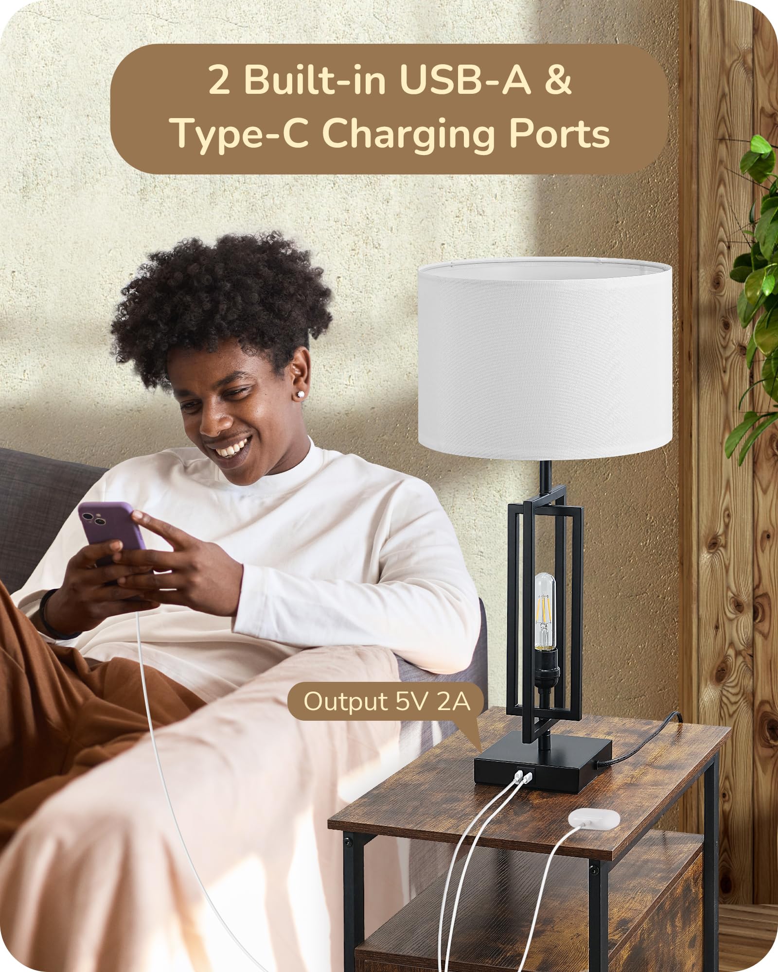 Edishine 25.6" Tall Table Lamp With Night Light, Farmhouse Bedside Lamp Set Of 2 With Usb Charging Ports, Touch 3-Way Dimmable Nightstand Lamp For Living Room, Bedroom, Home Decor