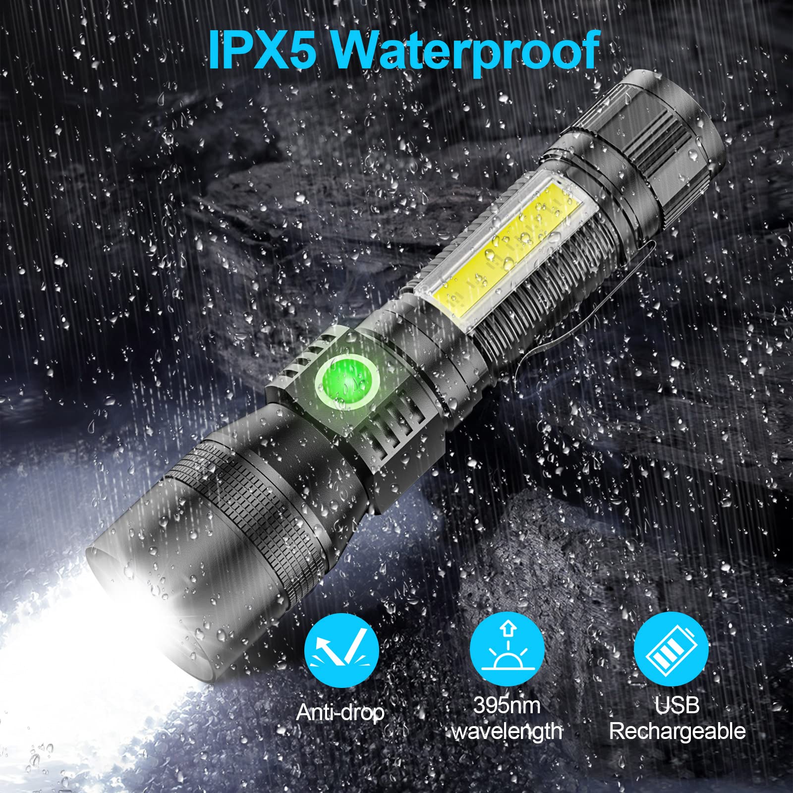 Morezra Uv Flashlight Black Light, 2 Pack 3 In 1 Super Bright Small Rechargeable Flashlights 1200 High Lumens, 7 Modes, Waterproof Magnetic Led Pocket Flash Light For Pet Urine Detection