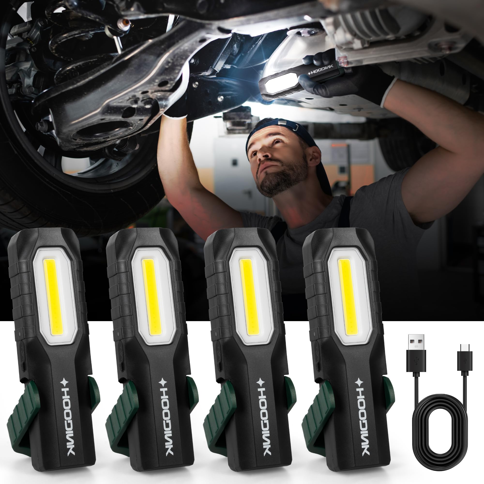 Hoodink Rechargeable Led Work Light 4-Pack With Magnetic Base  Portable Flashlights With Clip, Hook, And Adjustable Stand For Versatile Lighting Solutions,Yl1747-4