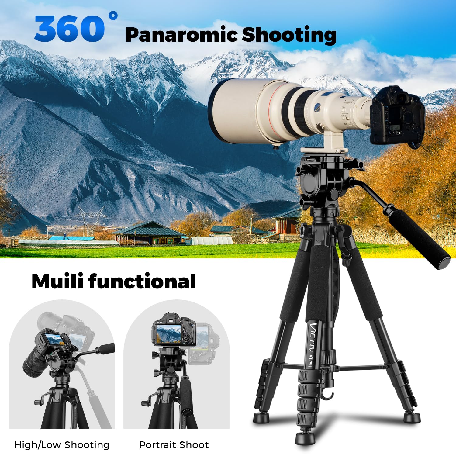 Victiv 75” Camera Tripod Stand, Heavy Duty Tripod For Camera With Phone Holder And Travel Bag, Compatible With Video Camera, Dslr, Spotting Scopes, Camcorder, Gopro, Cell Phone, Max Load 11Lb (Black)