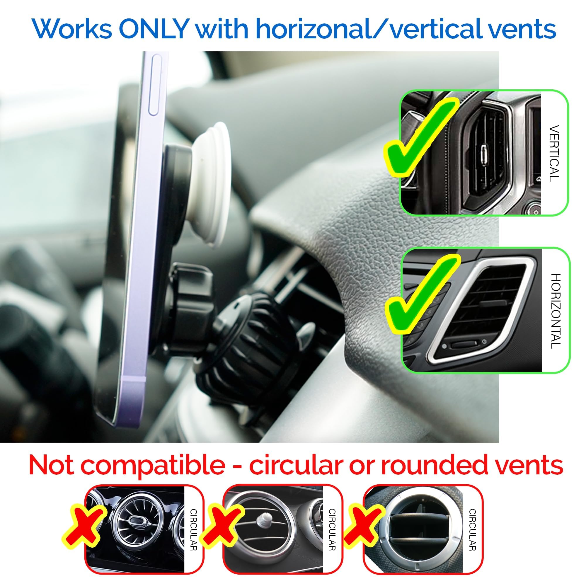 Mcchjoy Magnetic No-Spin Socket Car Mount - Car Vent Phone Mount Compatible With Popsockets For Car - Mount Holder For All Socket Grips - Ac Vent Hook - Prevents Spinning While Driving