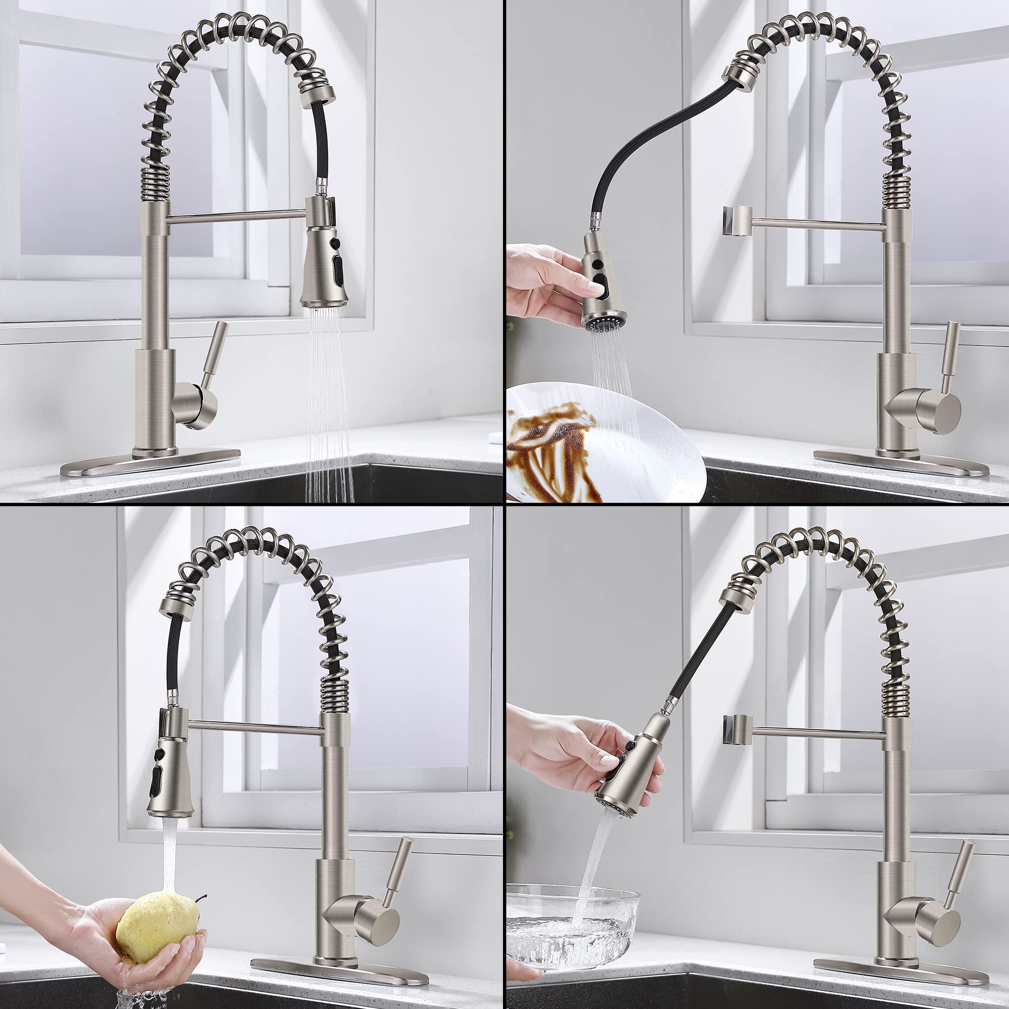 Soka Single Handle Kitchen Pull Down Faucet With Sparyer Fit For 1 & 3 Hole With Three Working Modes Stream, Spray & Pause Brushed Nickel (Sk5001Ny)
