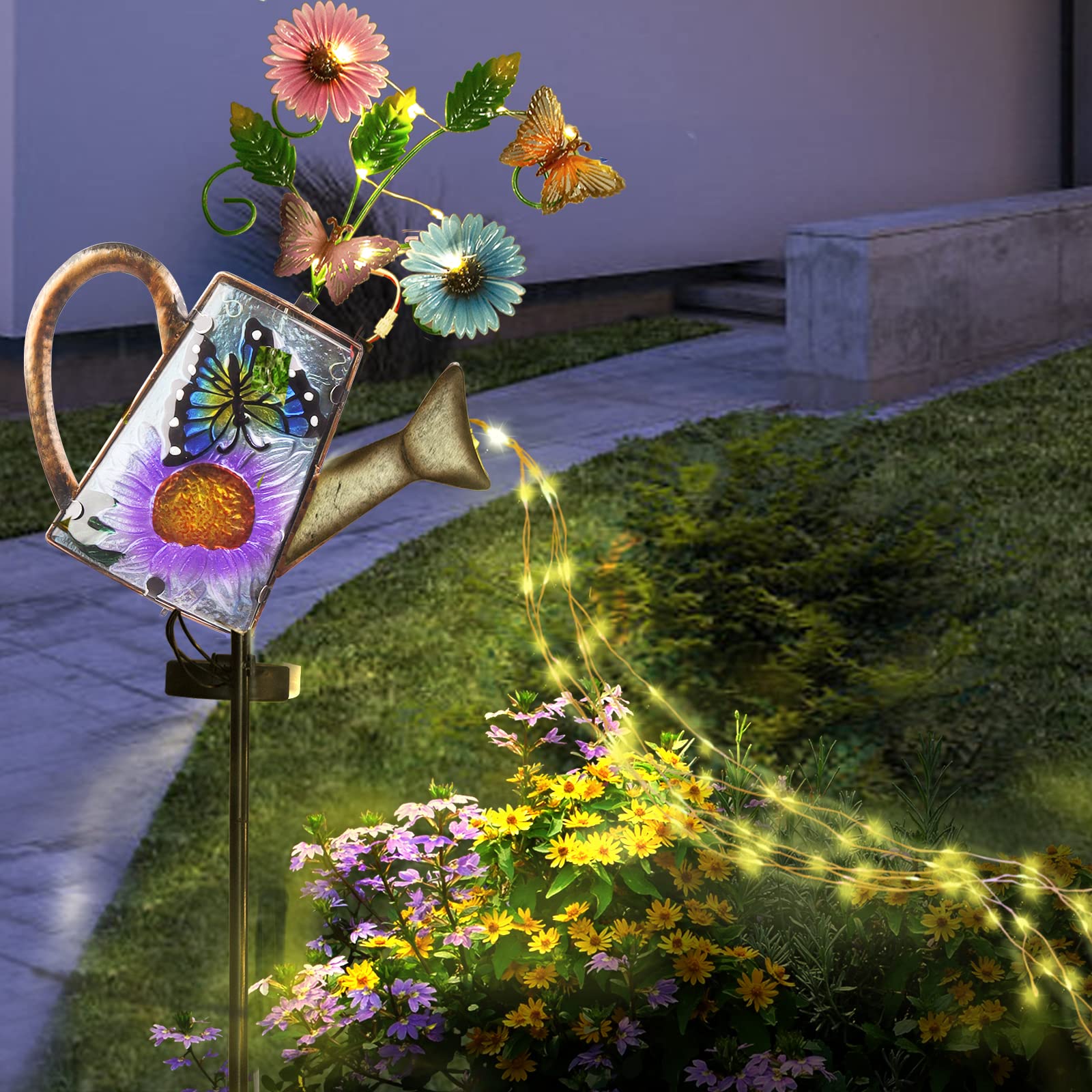 Larekook Solar Outdoor Watering Can Lights-Butterfly Decorative Path Lights, Metal Glass Solar Powered Garden Waterfall Decor Ornament For Yard Lighting Outside
