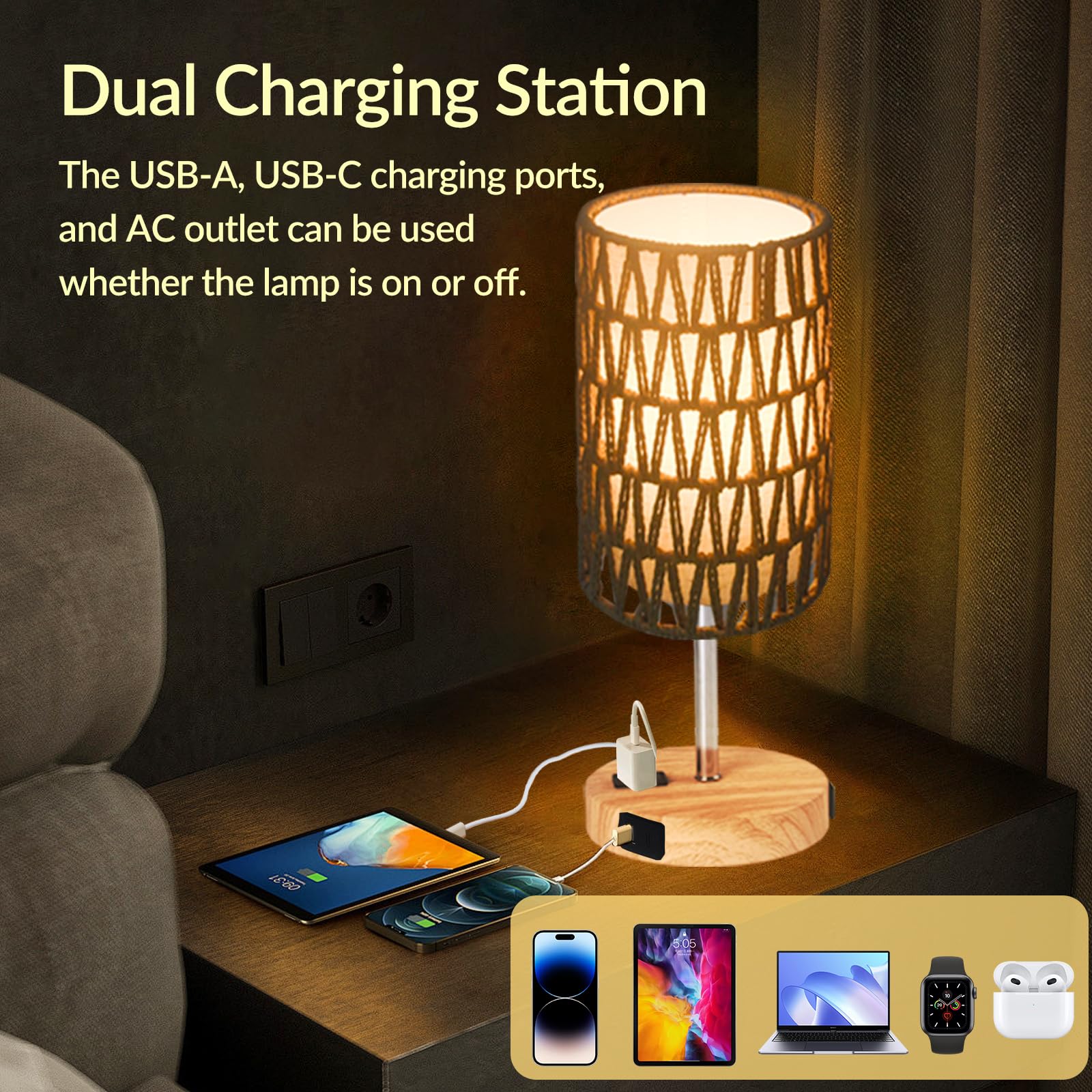 Ruhaieba Touch Table Lamp For Bedroom, 3 Way Dimmable Bedside Lamp With Usb C+A Ports And Linen Shade, Small Lamps For Night Stands Living Room Office, Led Bulb Included (Rattan Linen)
