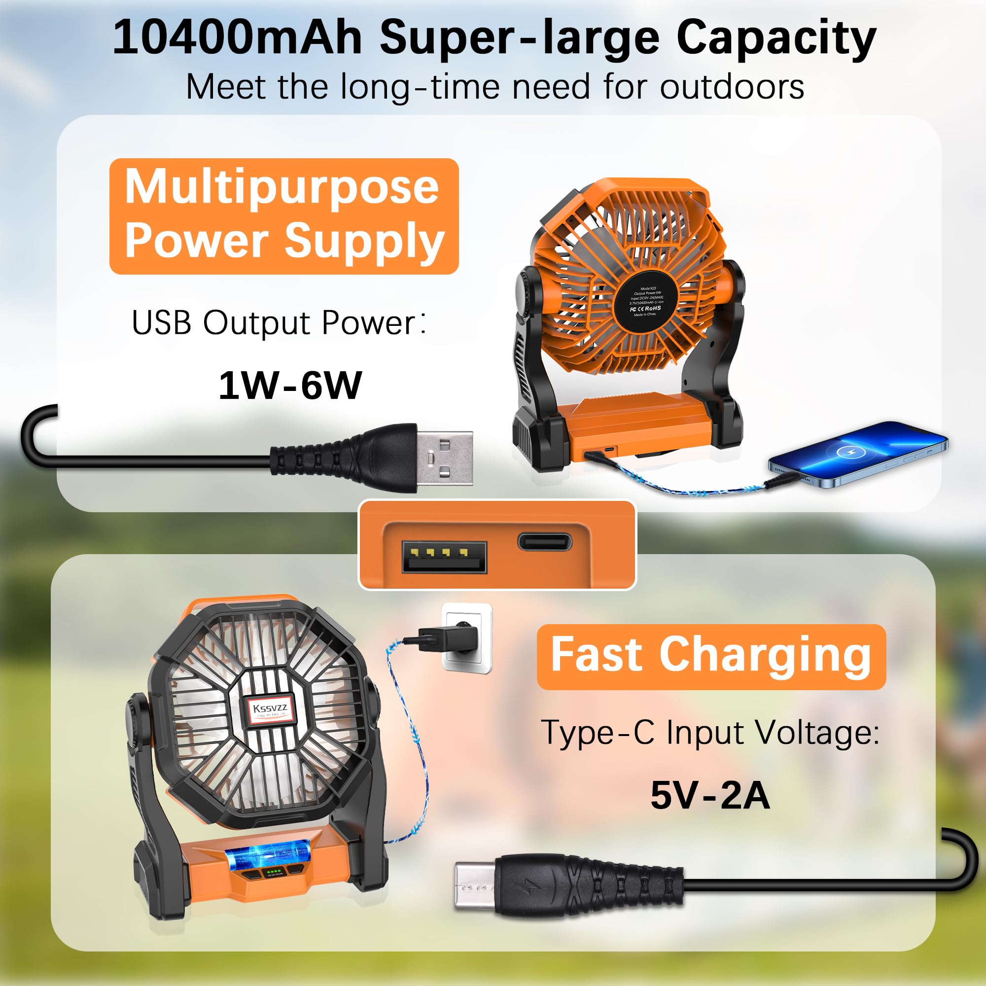 Portable Camping Fan Rechargeable With Led Lantern - 20000Mah Cordless Battery Powered Fan, 4 Speed